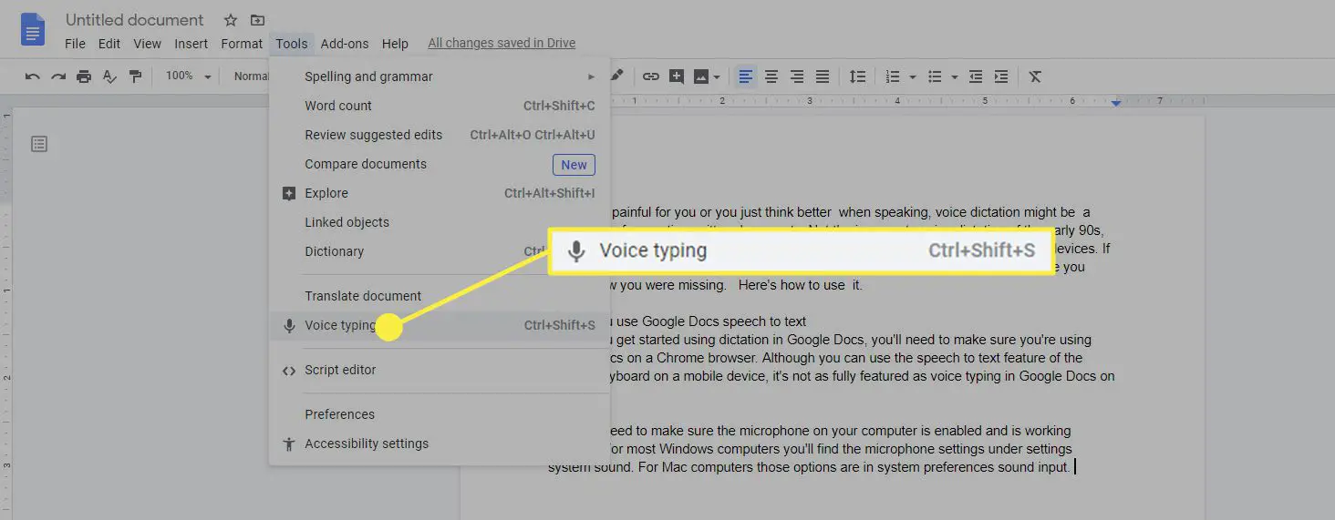 A opção de digitação por voz no Google Docs.