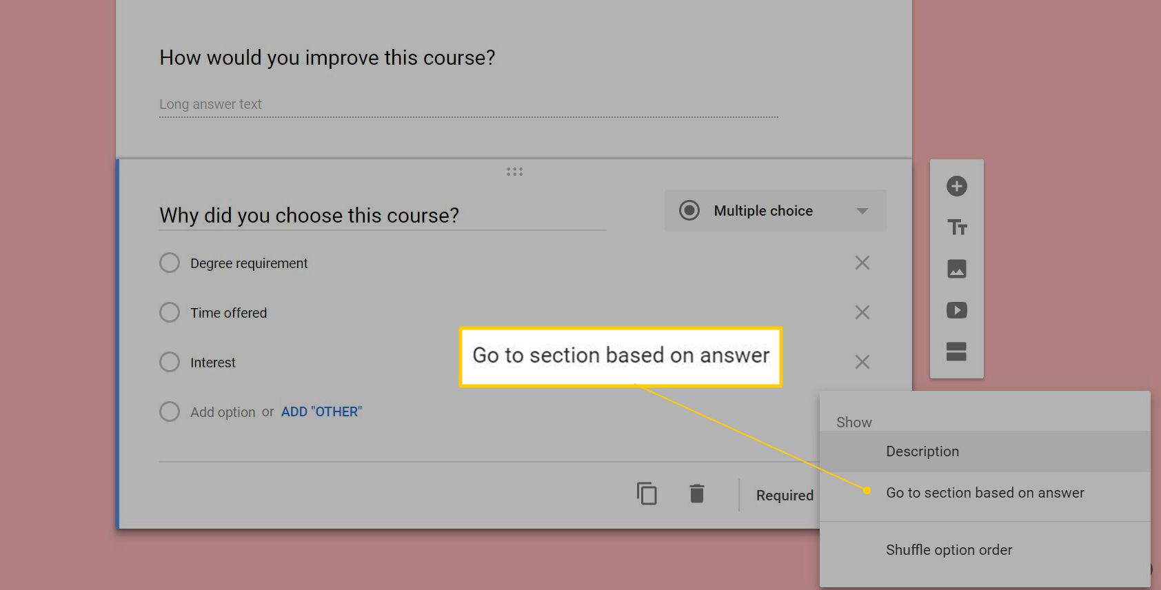Vá para a seção com base na opção de resposta na Pesquisa do Google