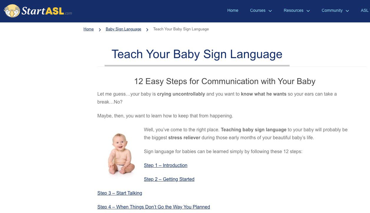 Captura de tela do site de linguagem de sinais do StartASL Baby