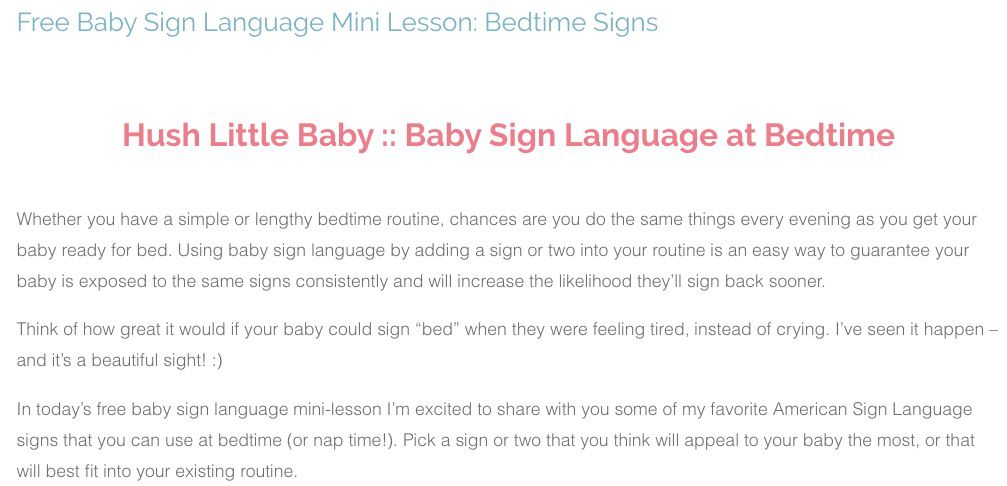 Captura de tela da página Tiny Signs Bedtime Signing para ensinar a linguagem de sinais de bebês