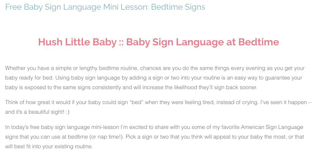 Captura de tela da página Tiny Signs Bedtime Signing para ensinar a linguagem de sinais de bebês