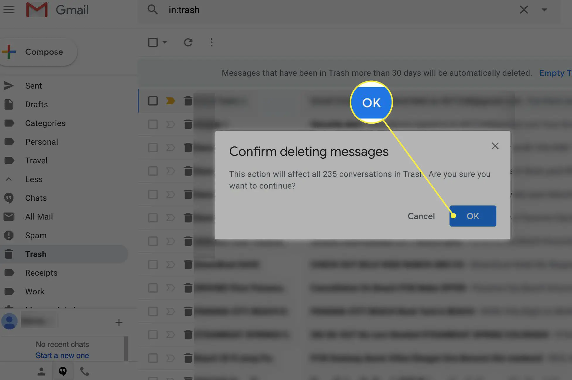 Confirme a exclusão da mensagem no Gmail