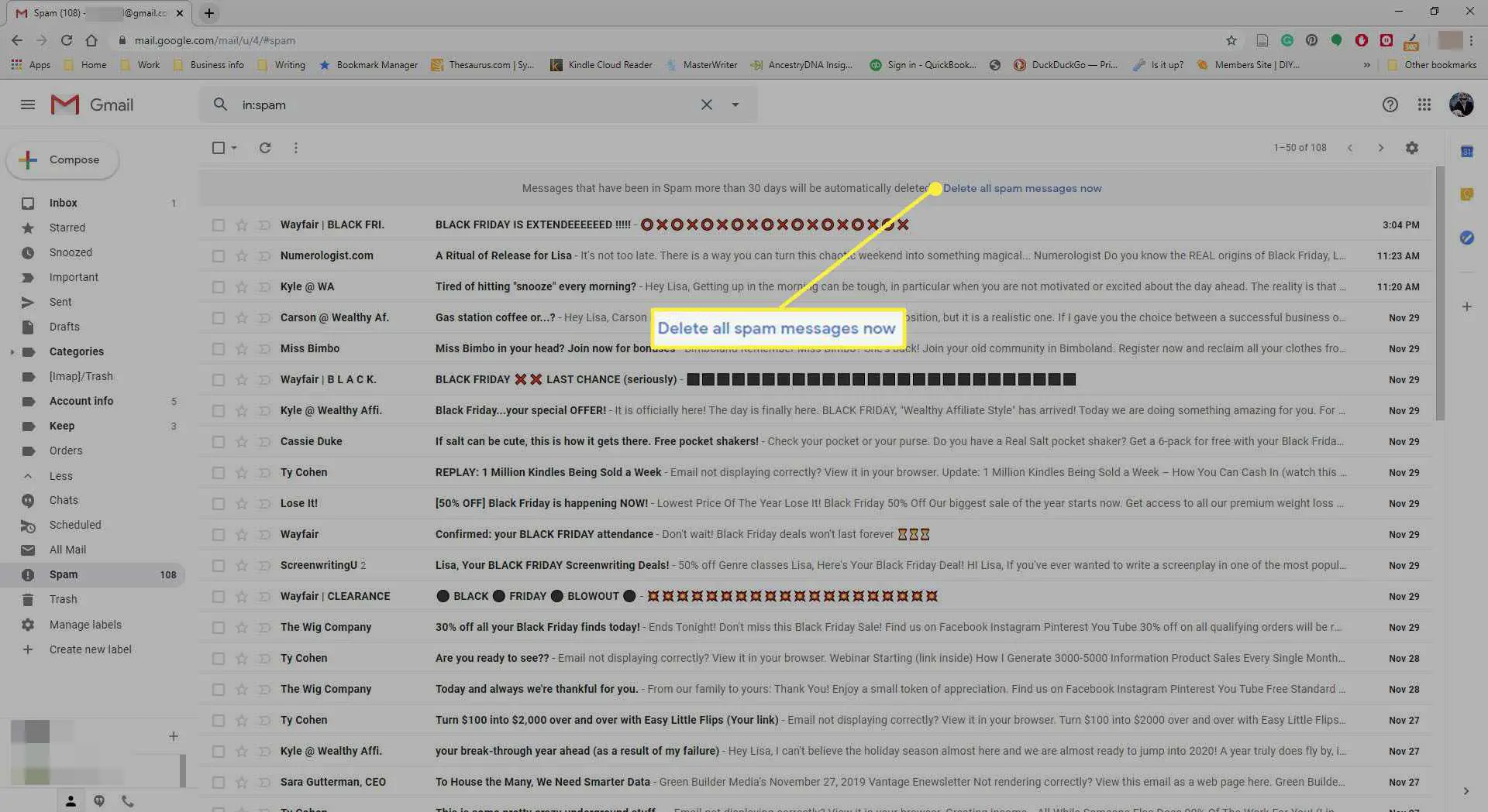 Selecionando para excluir todo o spam no Gmail.