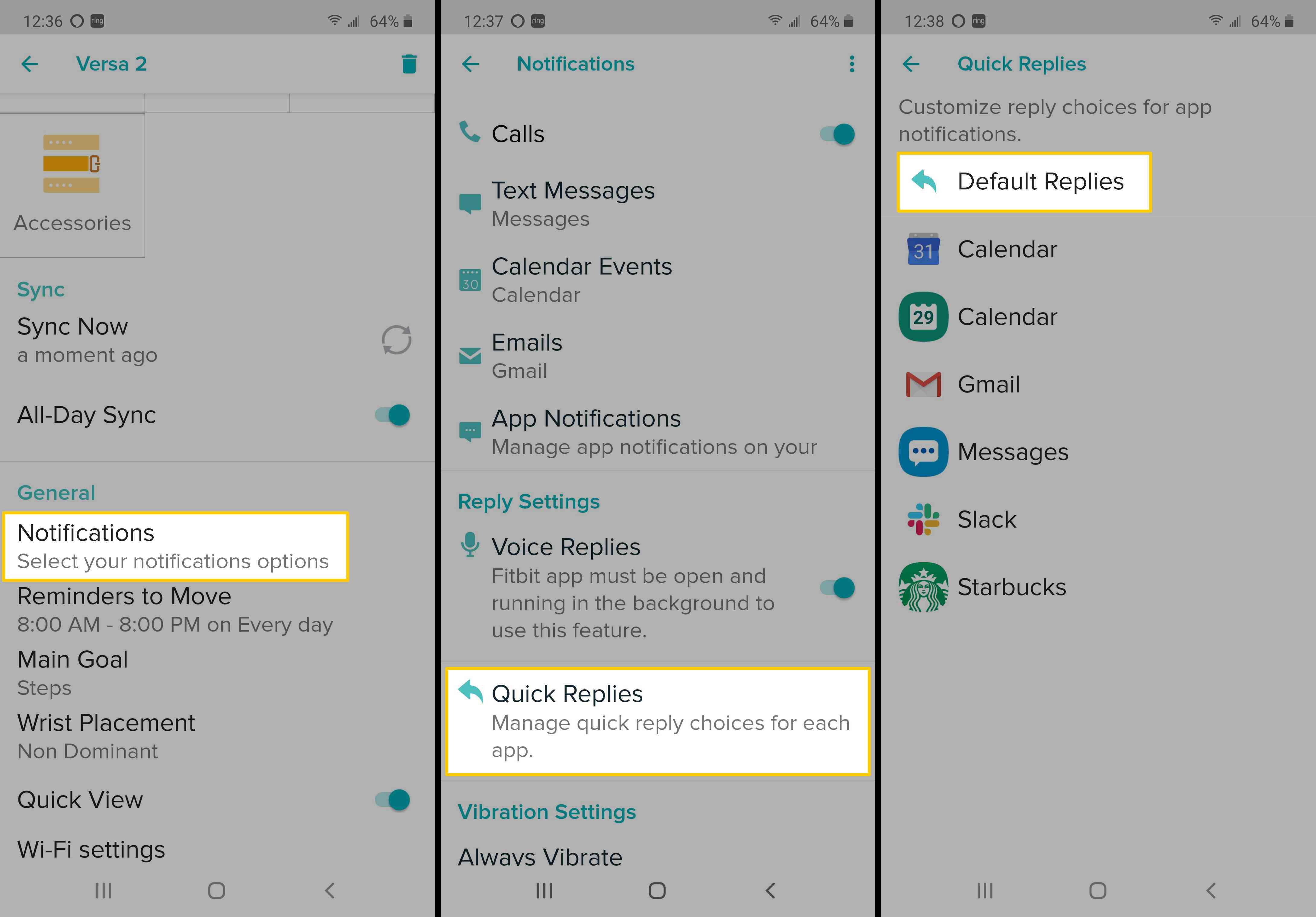 Capturas de tela mostrando a opção Respostas padrão no aplicativo Fitbit.