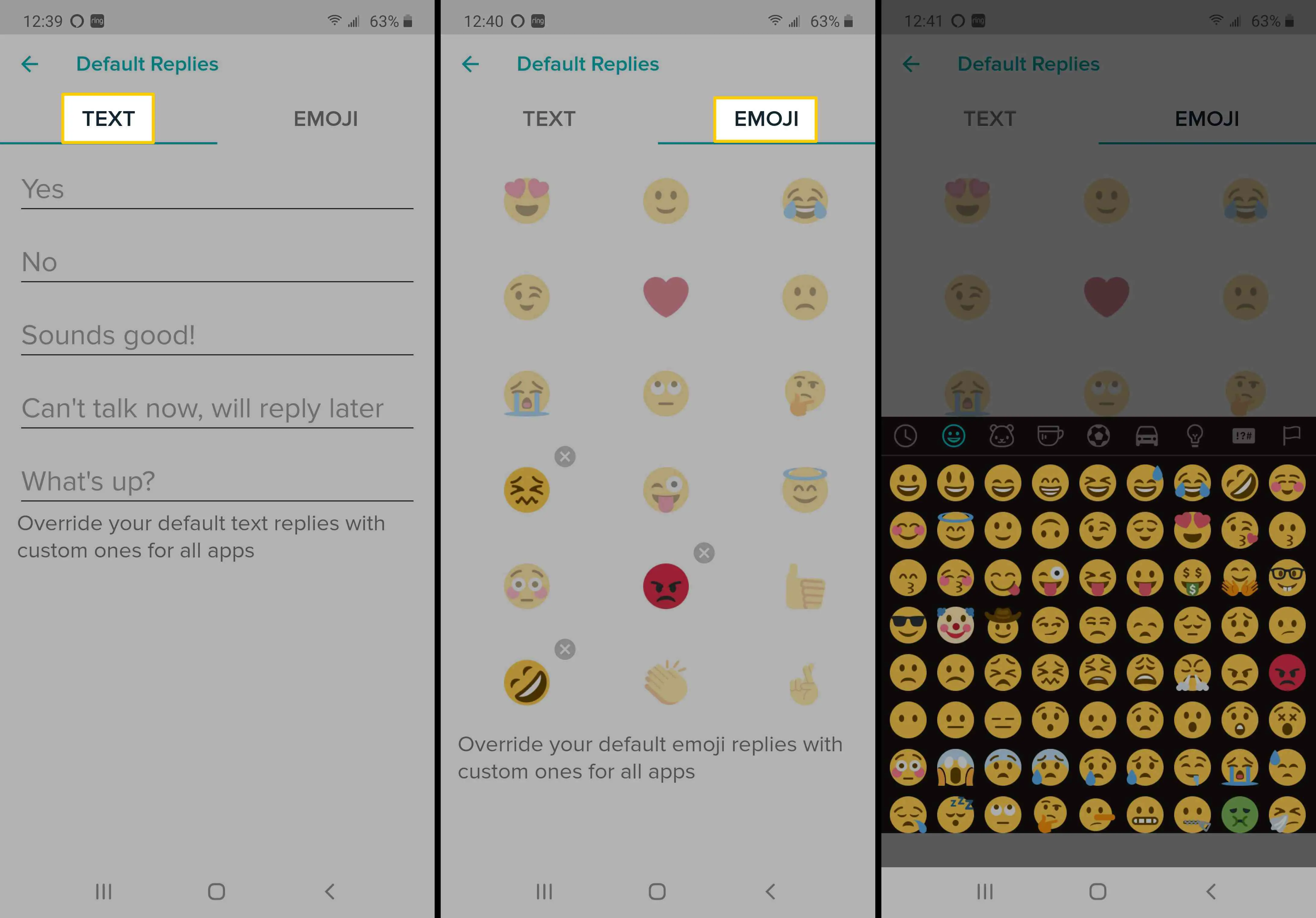 Capturas de tela de como personalizar respostas rápidas e emoji no aplicativo Fitbit.