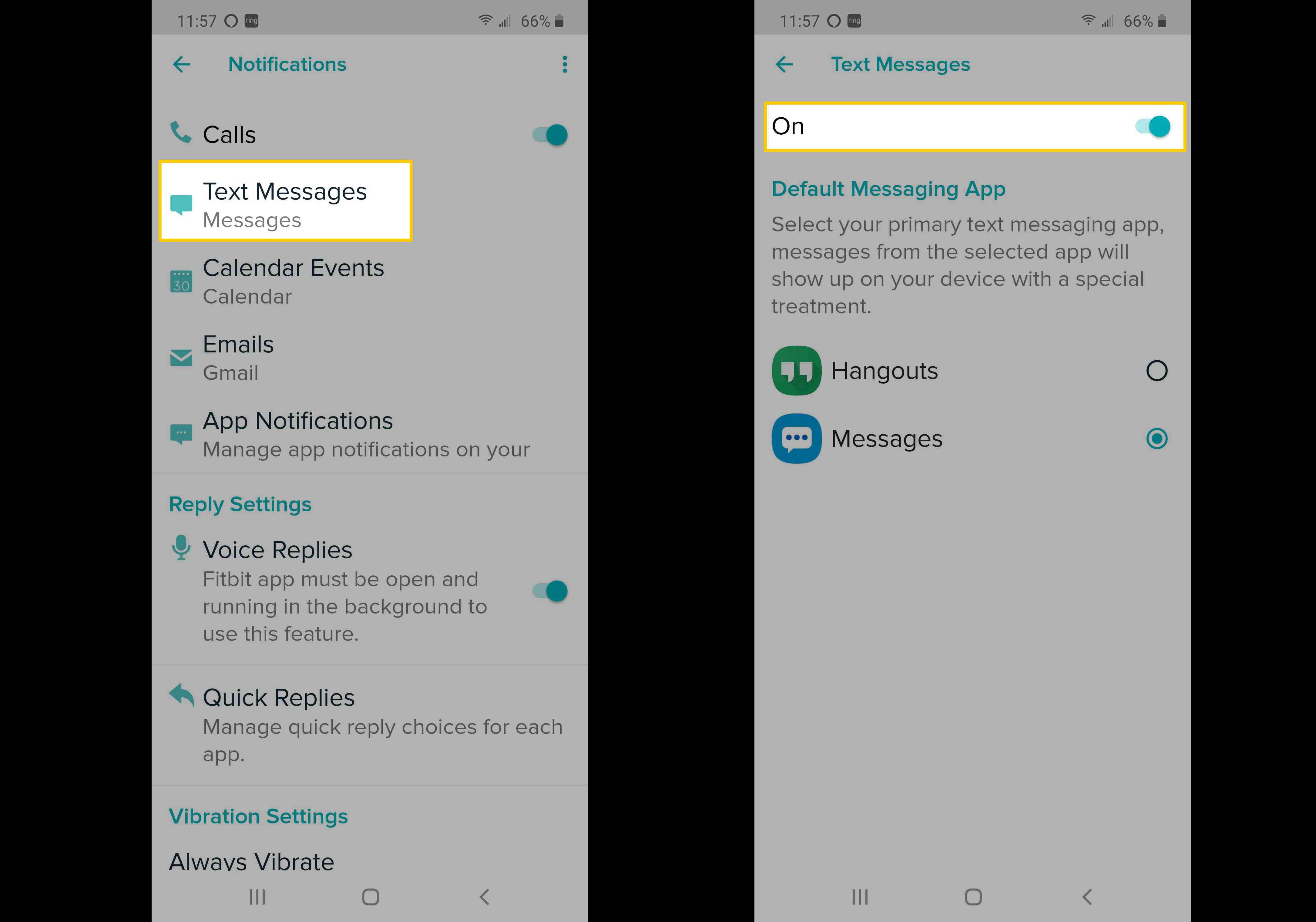 Capturas de tela mostrando como alternar entre mensagens de texto no Fitbit Versa.