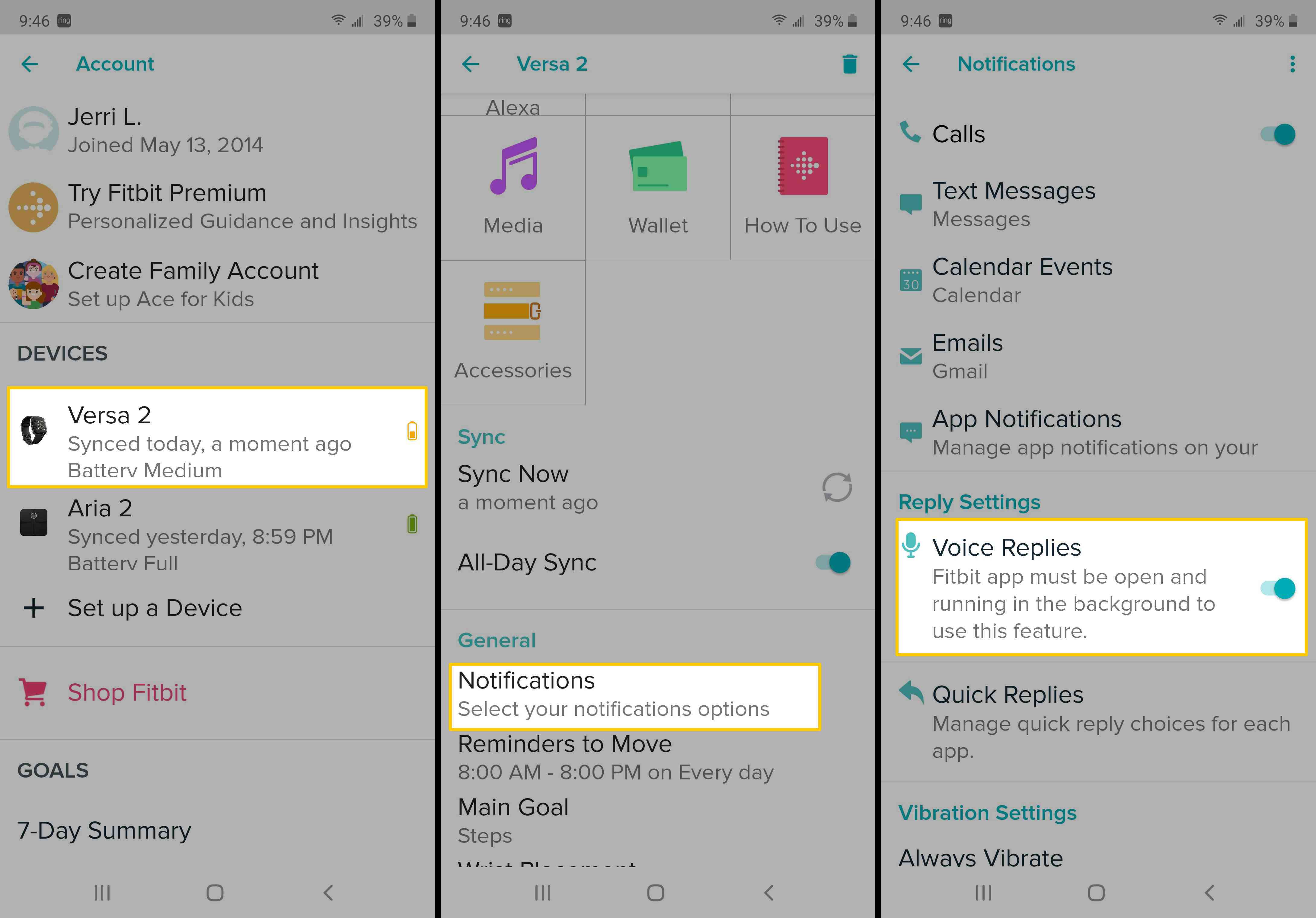 Capturas de tela mostrando como ativar as respostas de voz no Fitbit Versa 2.
