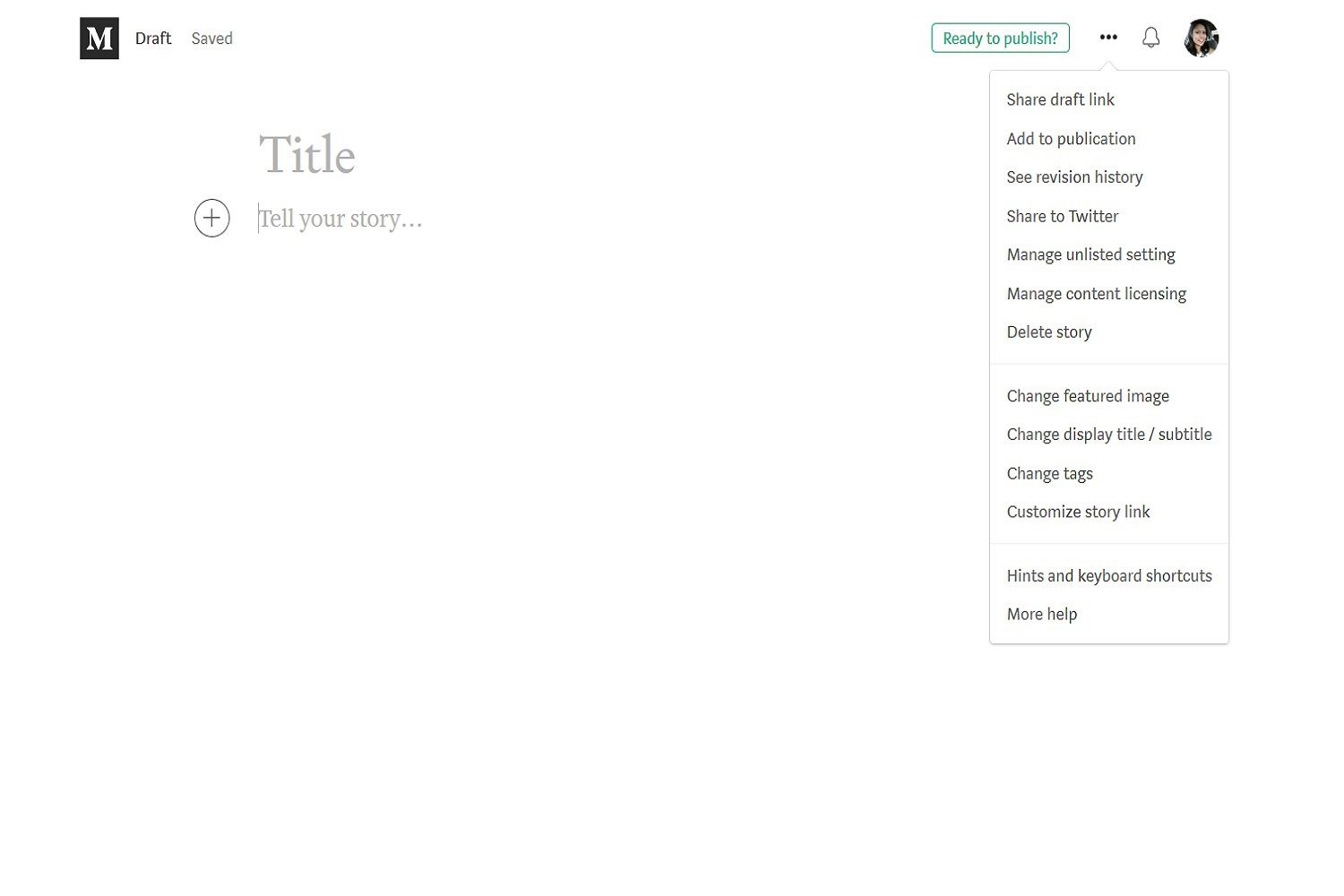 Captura de tela do site de desktop do painel de rascunho de postagem de blog do Medium e menu de configurações de postagem de blog.
