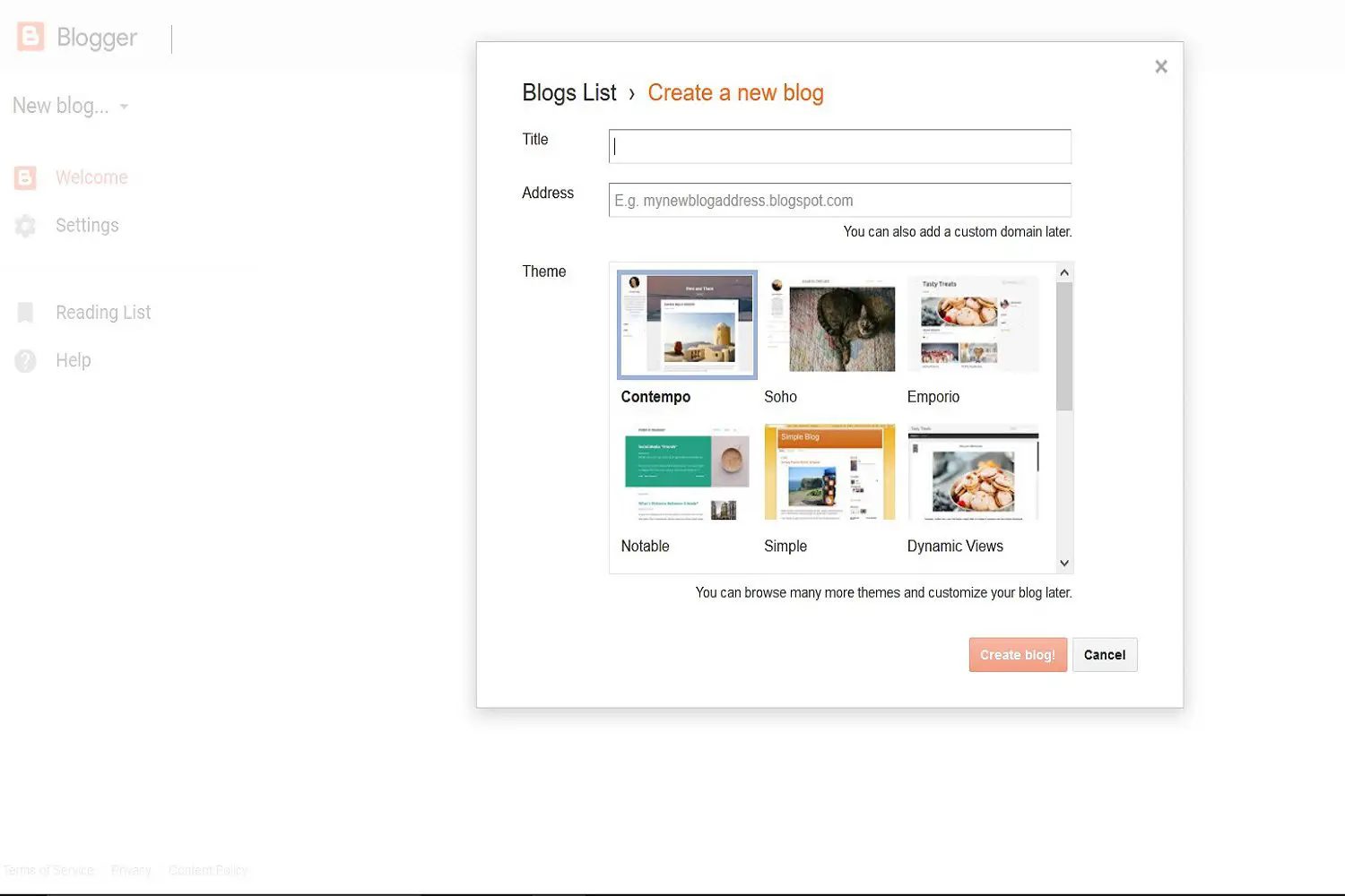 Captura de tela do site para desktop de Criar uma nova página da web do blog do Blogger.