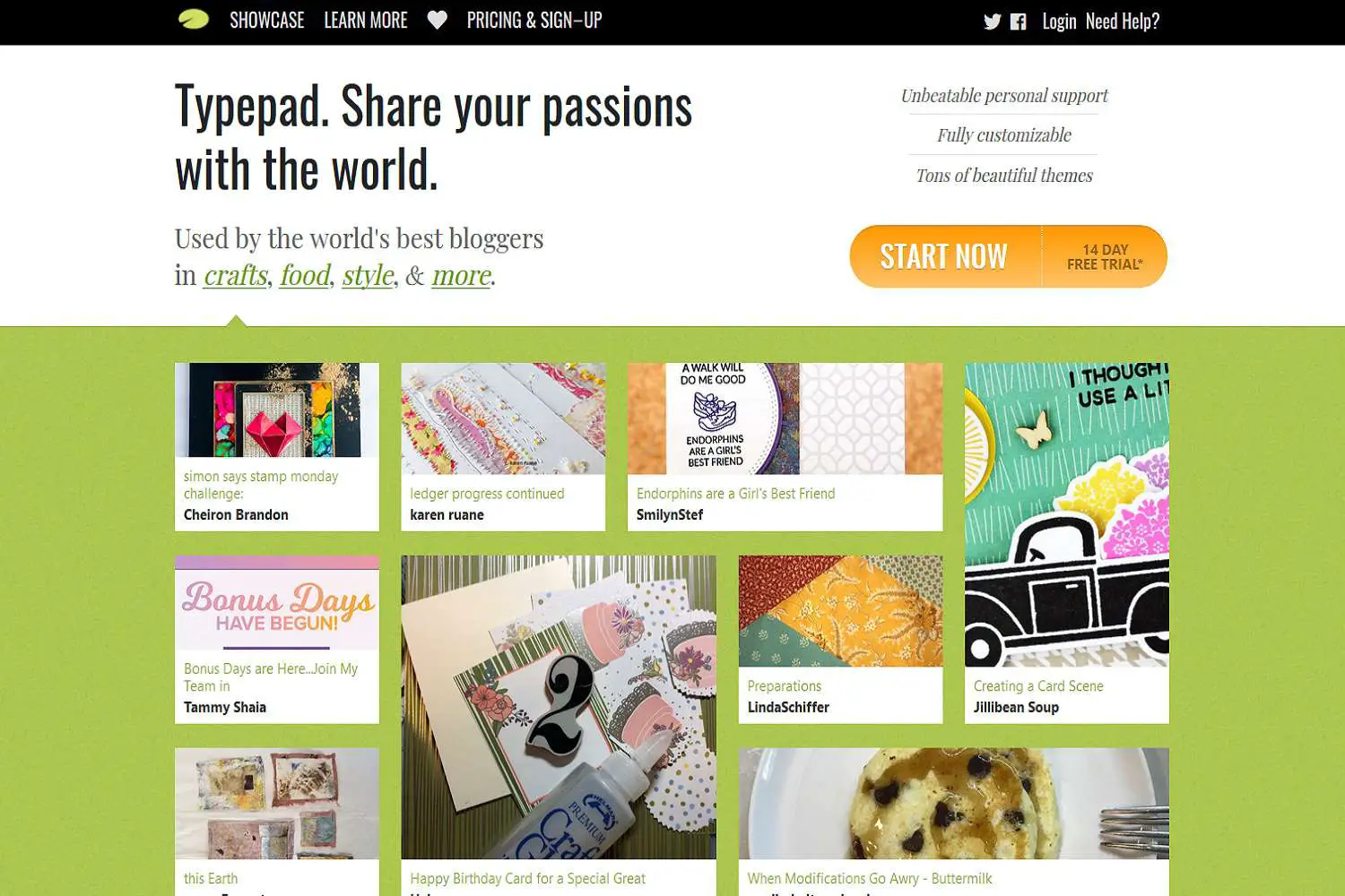 Captura de tela do site desktop da página principal do site Typepad, que mostra exemplos de outros blogs publicados nesta plataforma.