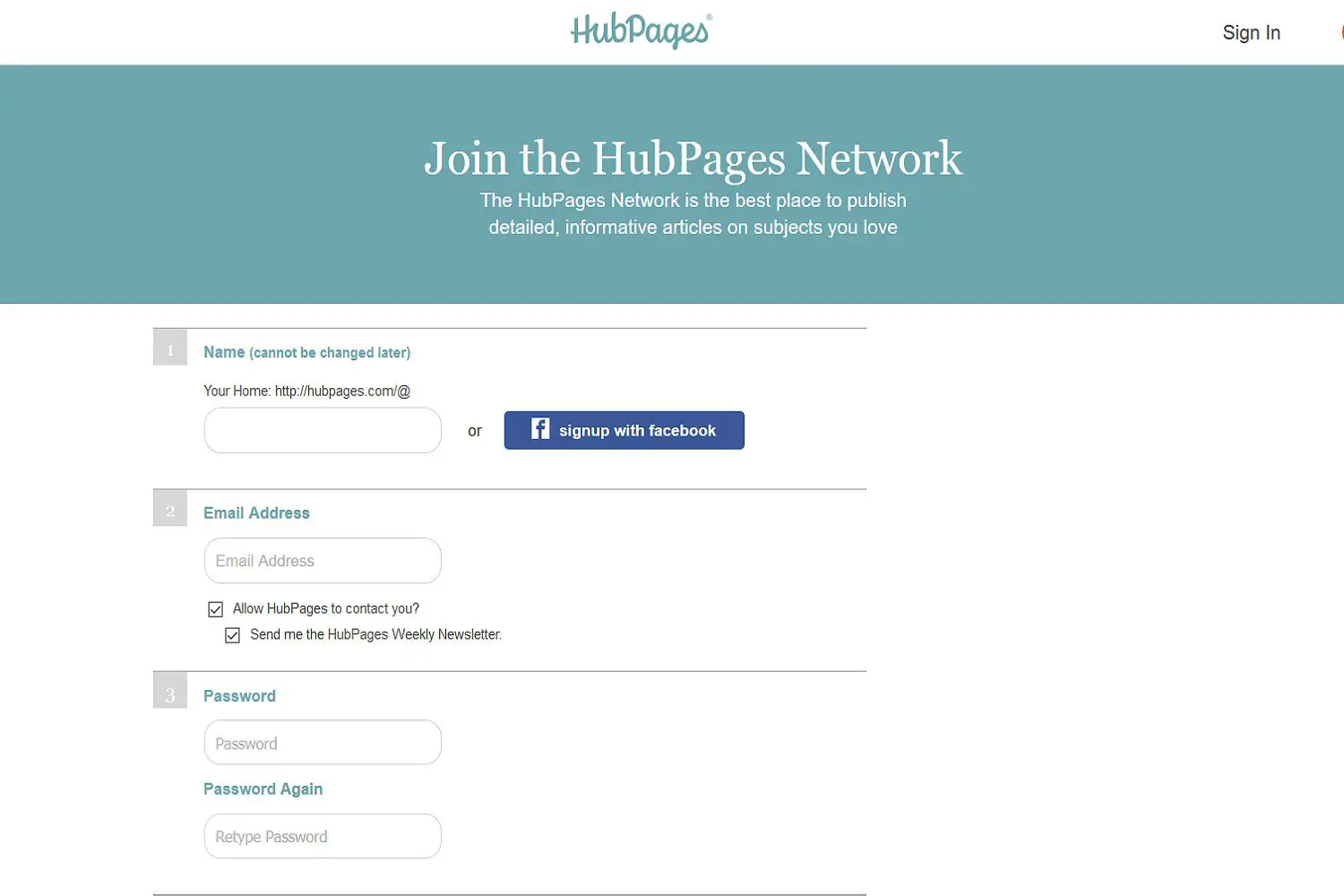 Captura de tela do site para desktop da página de inscrição do blog HubPages.