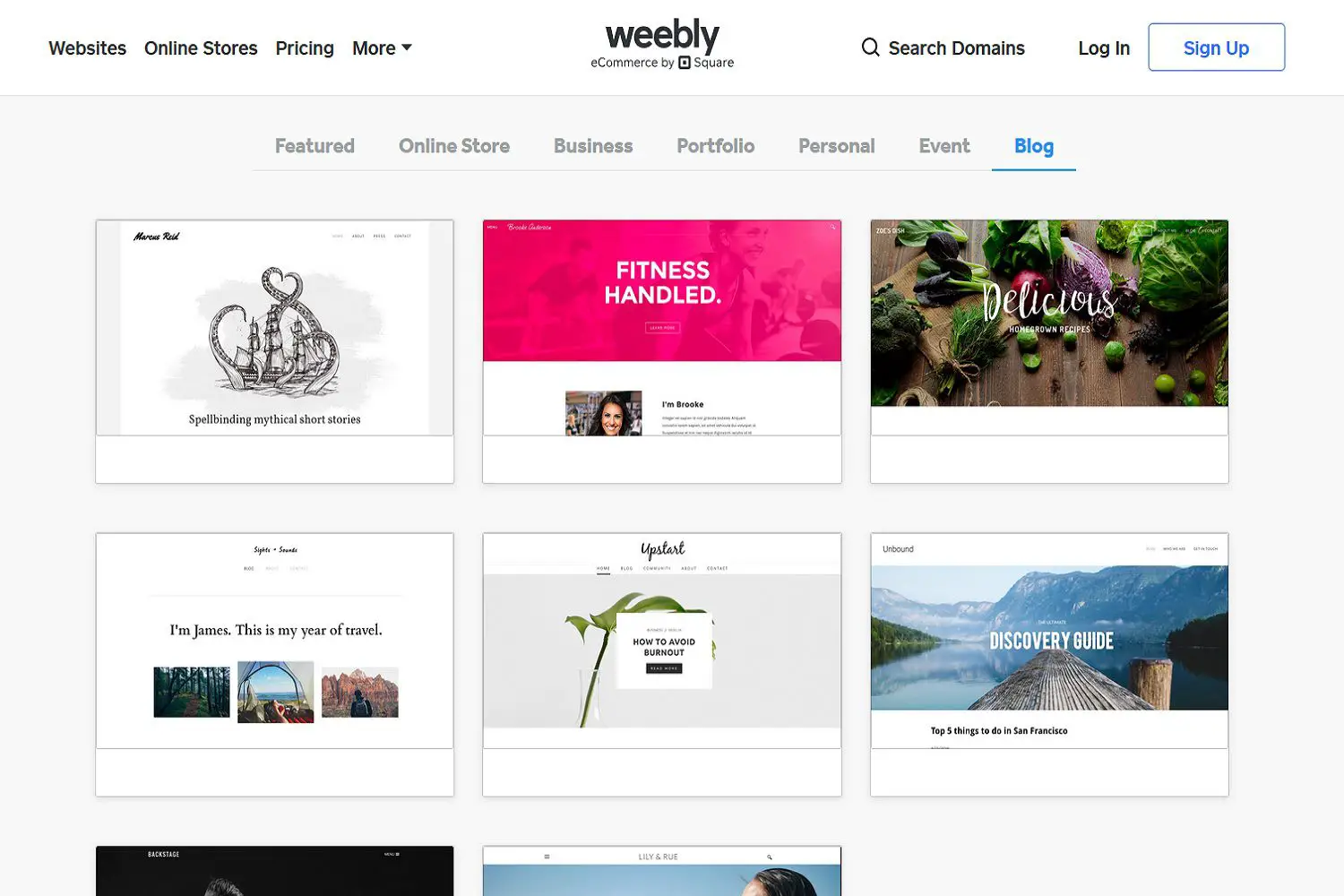 Captura de tela do site de desktop das opções de modelo de design de site do Weebly para sites estilo blog.