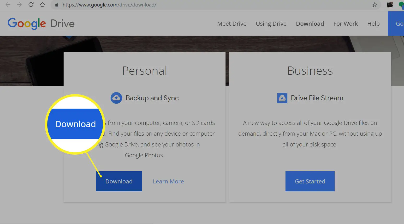 Baixe e instale o Backup e sincronização para Google Drive.