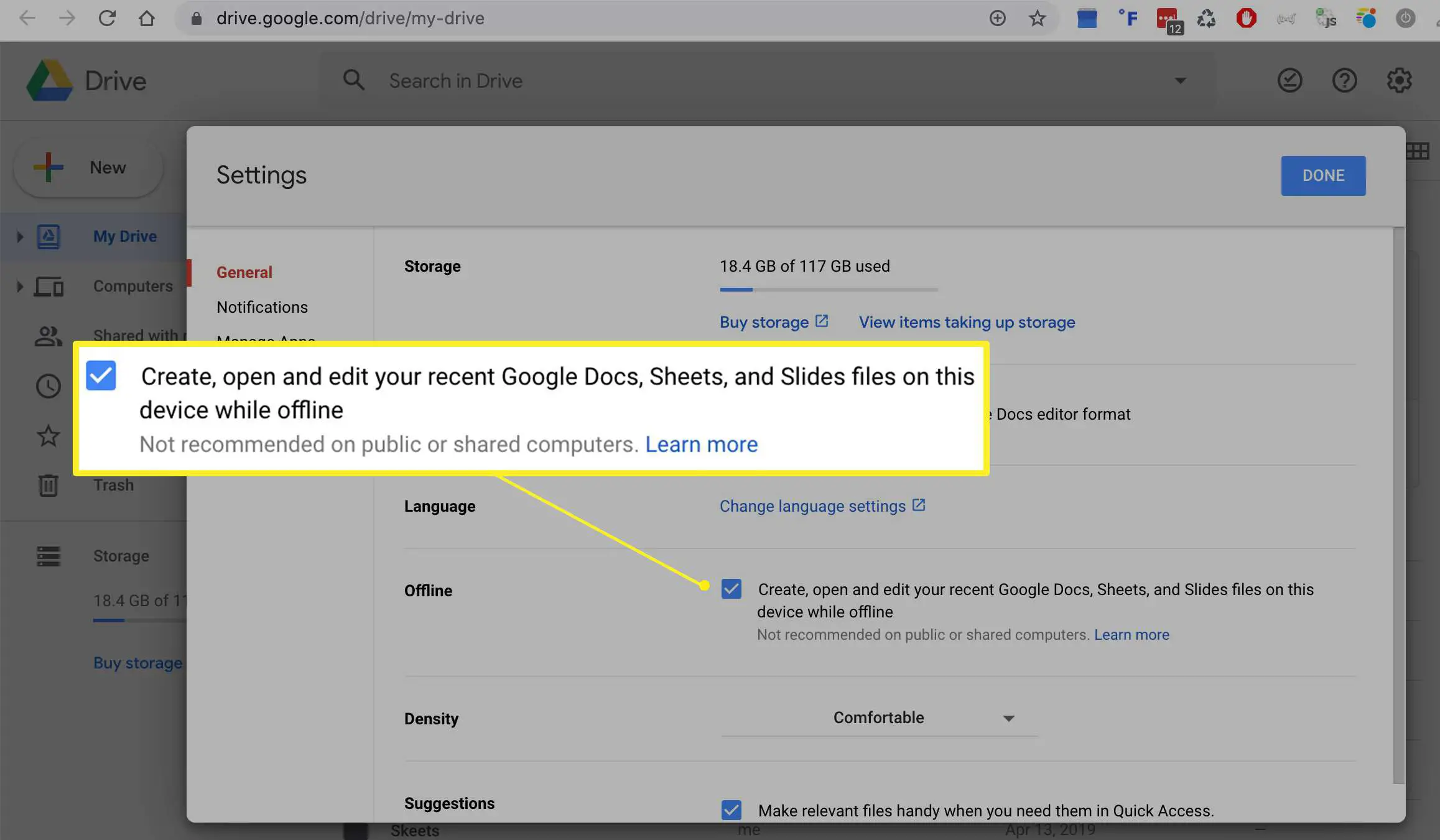 Configurações off-line do Google Drive no macOS