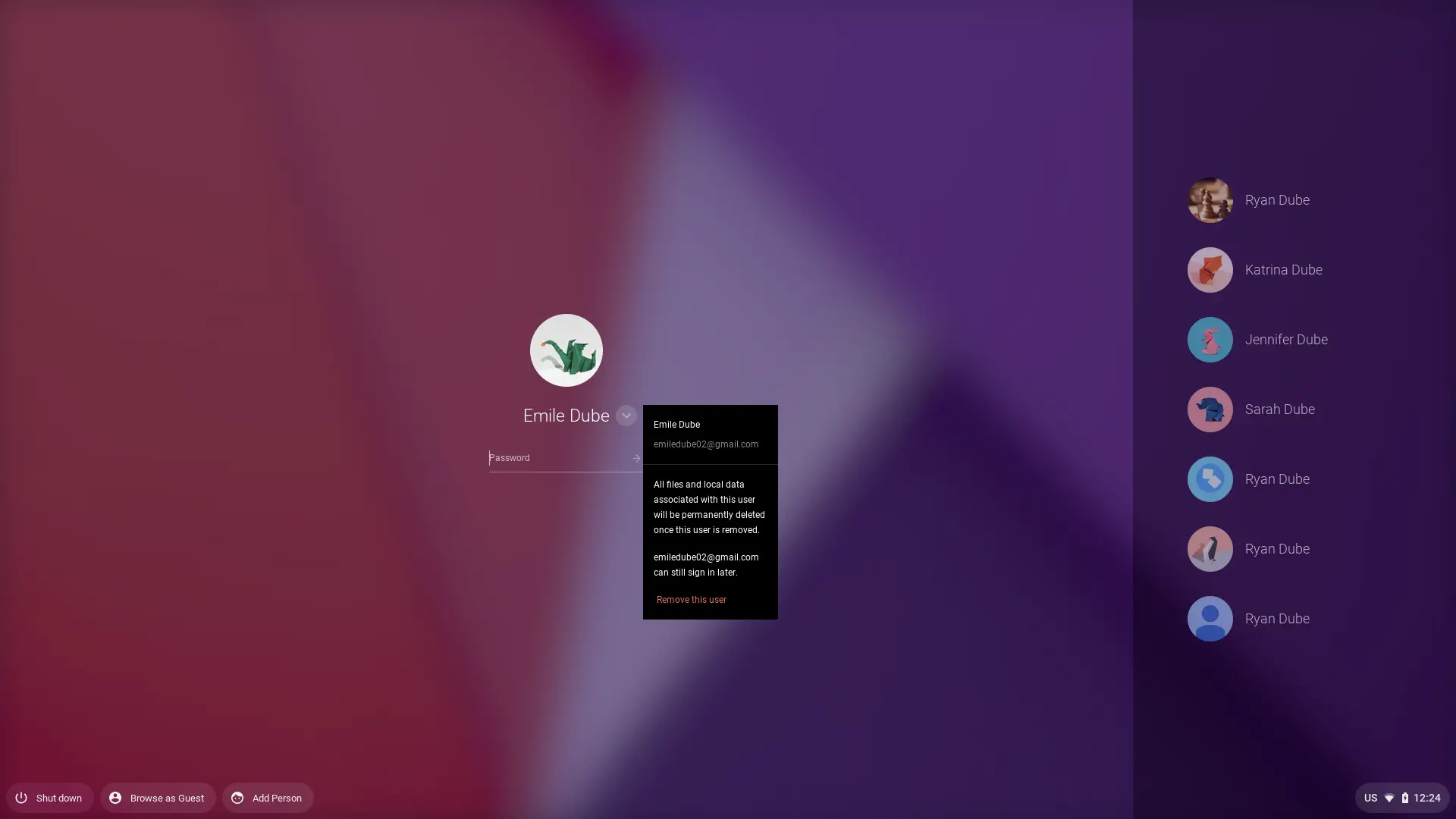 Captura de tela da remoção de um usuário no Chromebook
