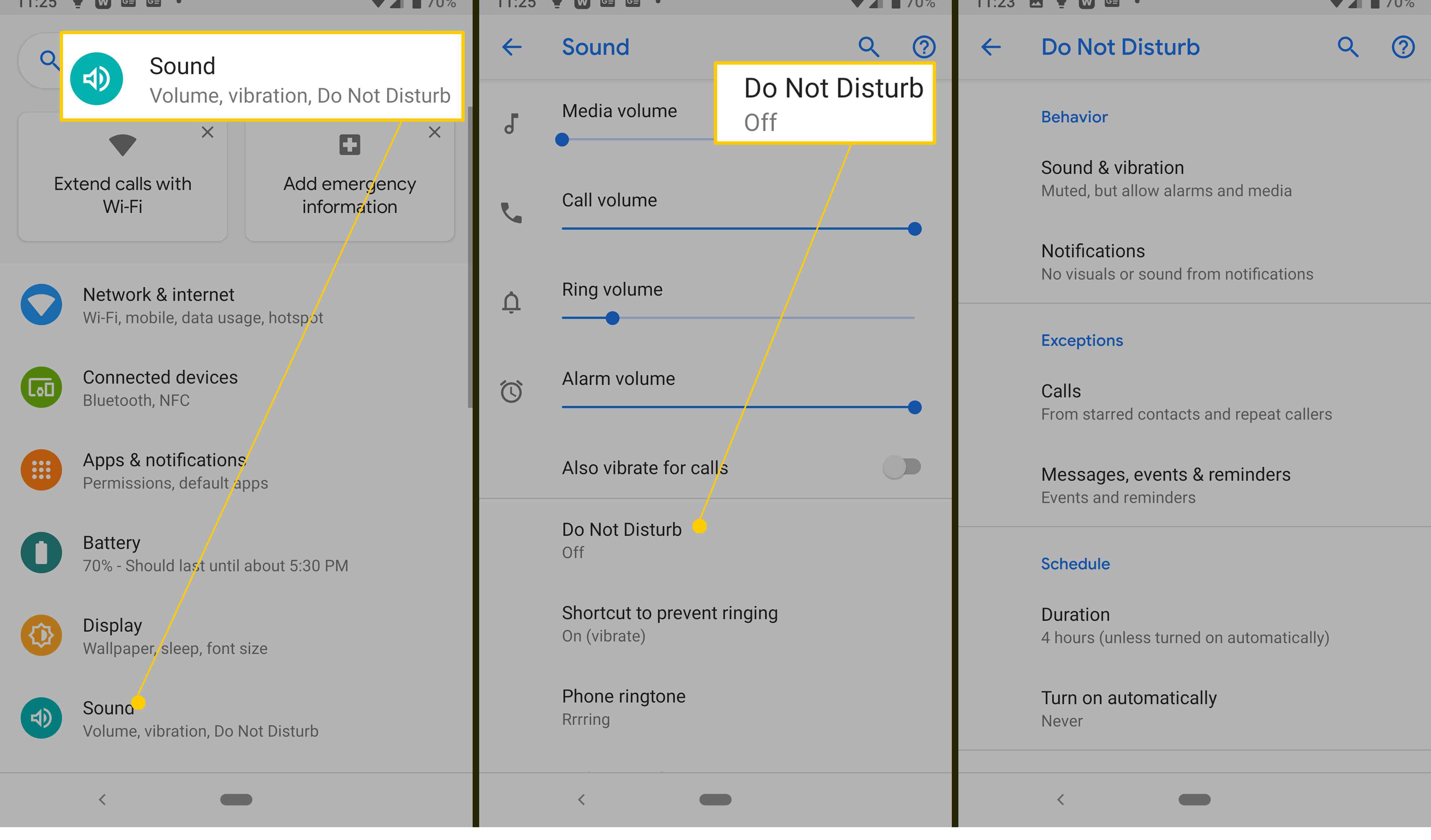 Configurações do Android para som e não perturbe.