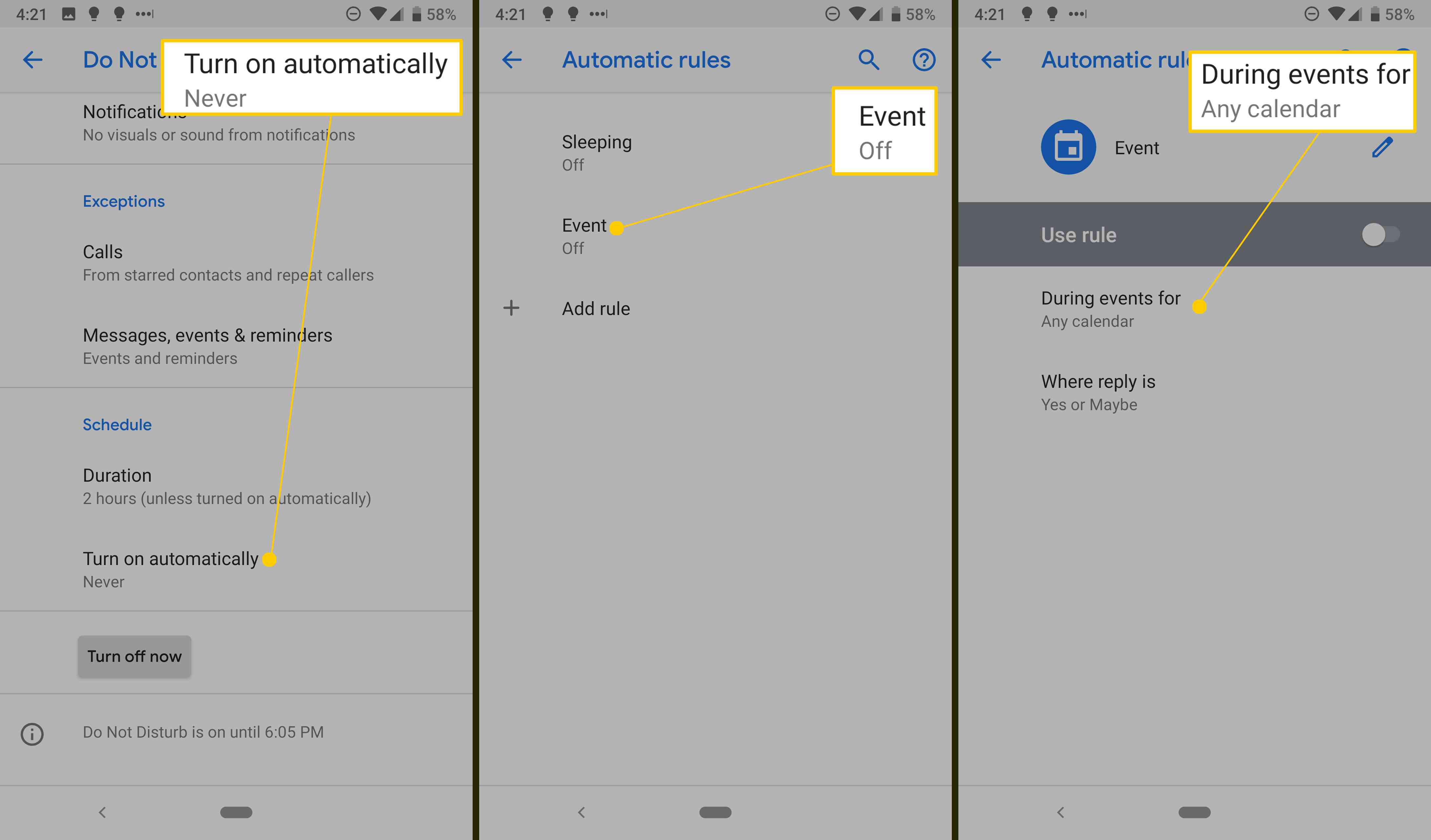Configurações de regras personalizadas do Android para não perturbe.