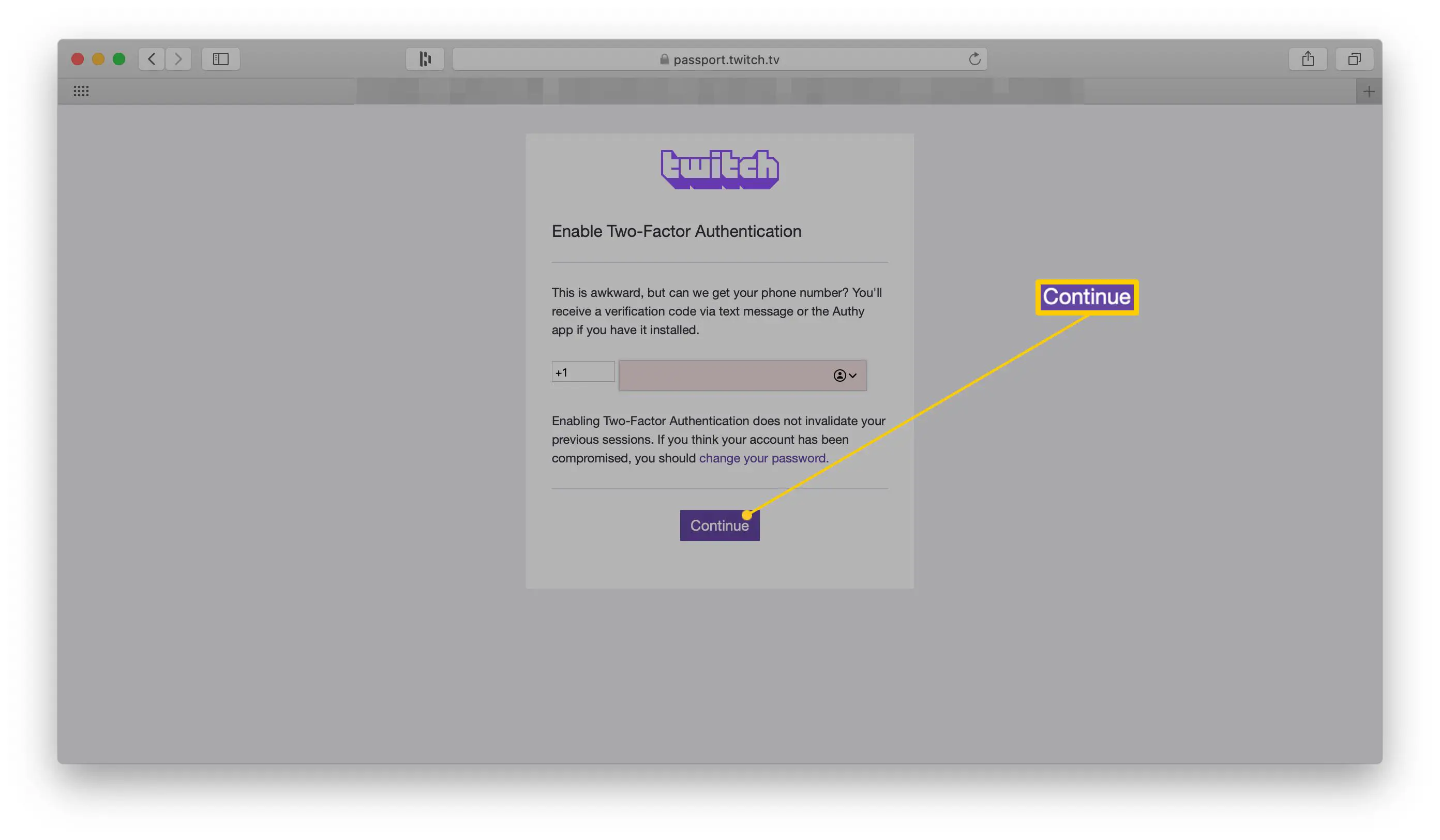 Uma das etapas para habilitar a autenticação de dois fatores no site Twitch