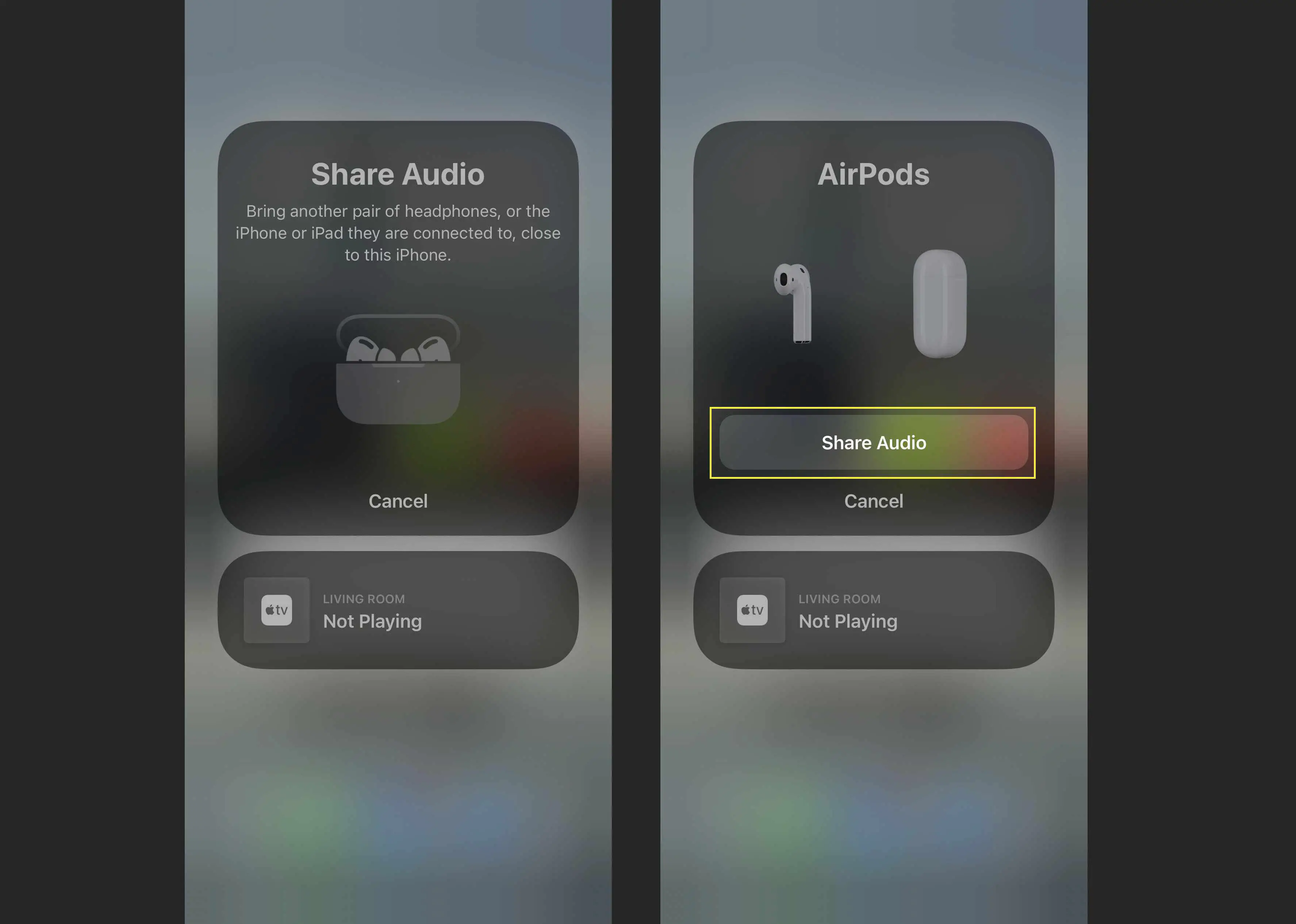 O botão Share Audio para conectar dois conjuntos de AirPods a um iPhone.