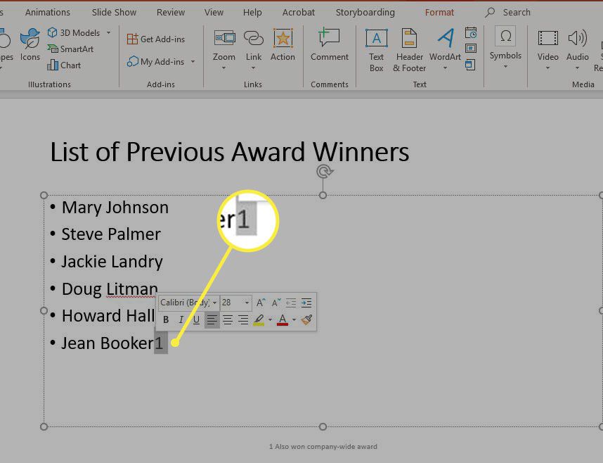 um indicador de nota de rodapé destacado no PowerPoint para Windows