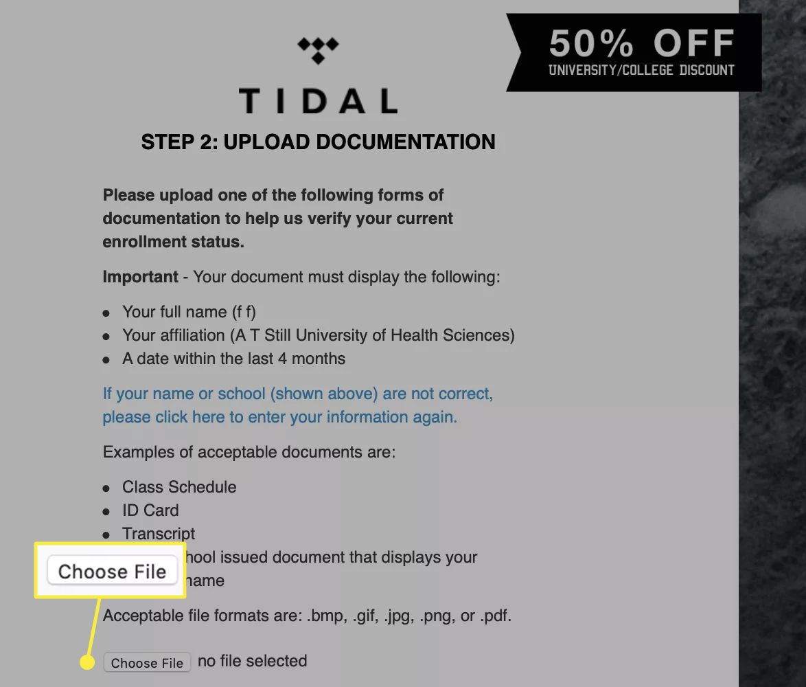 Um usuário do Tidal carrega documentação comprovando sua condição de estudante