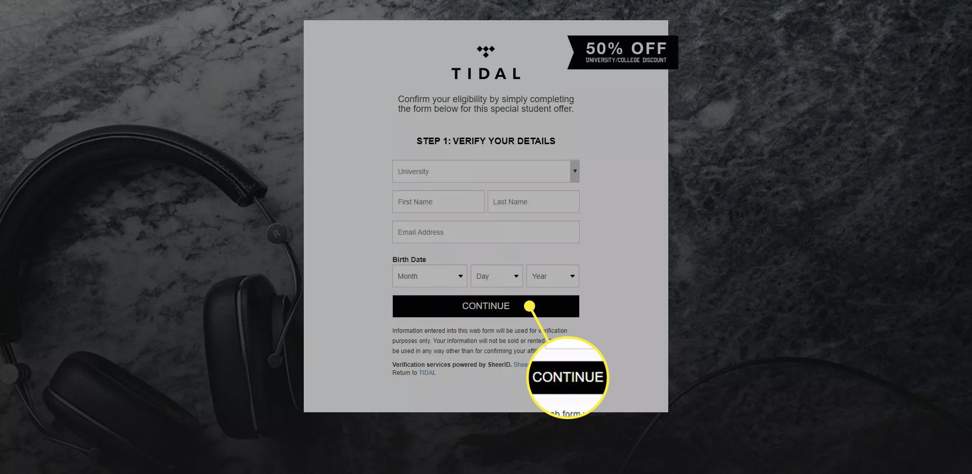 O formulário de desconto para estudantes do Tidal