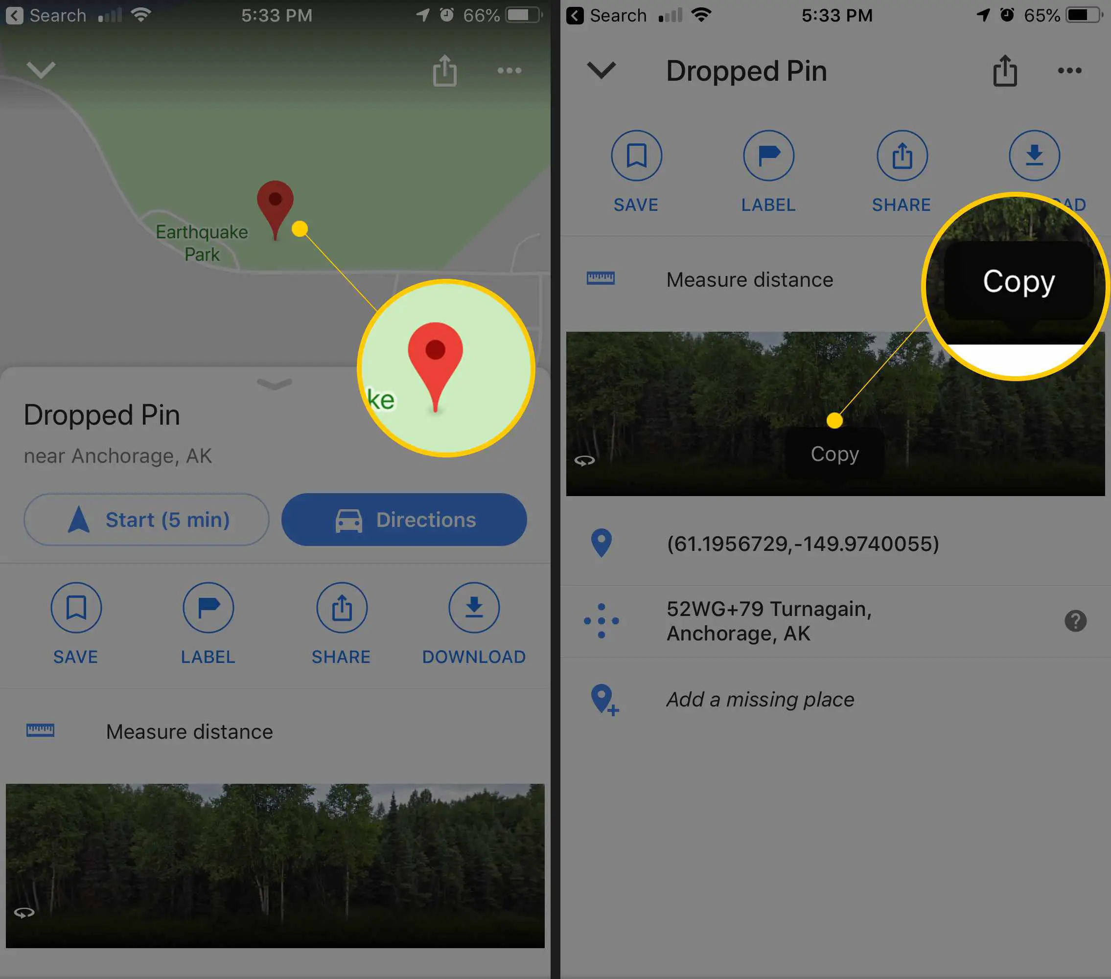 Duas telas do iOS mostrando o pino solto e o botão de copiar para as coordenadas no aplicativo do Google Maps