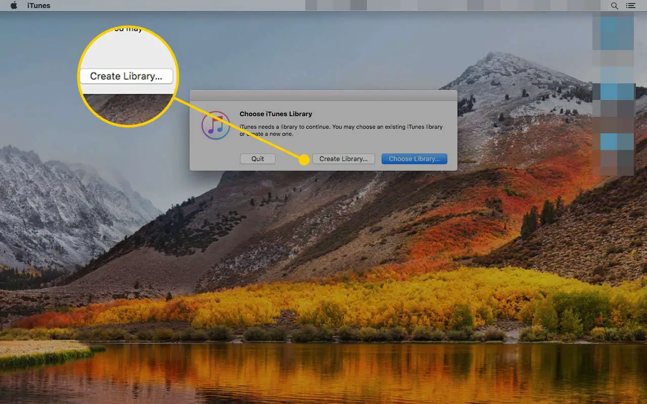 Escolha a janela da biblioteca do iTunes aberta em um Mac com o botão Criar biblioteca realçado
