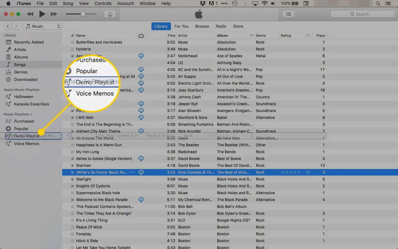 Mover uma música para uma lista de reprodução no iTunes