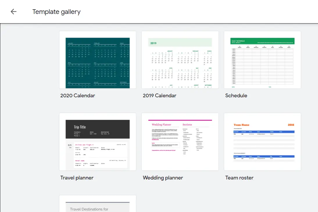 Captura de tela dos modelos de calendário do Planilhas Google
