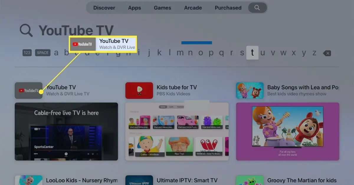 A App Store da Apple TV mostrando o aplicativo YouTube TV nos resultados da pesquisa