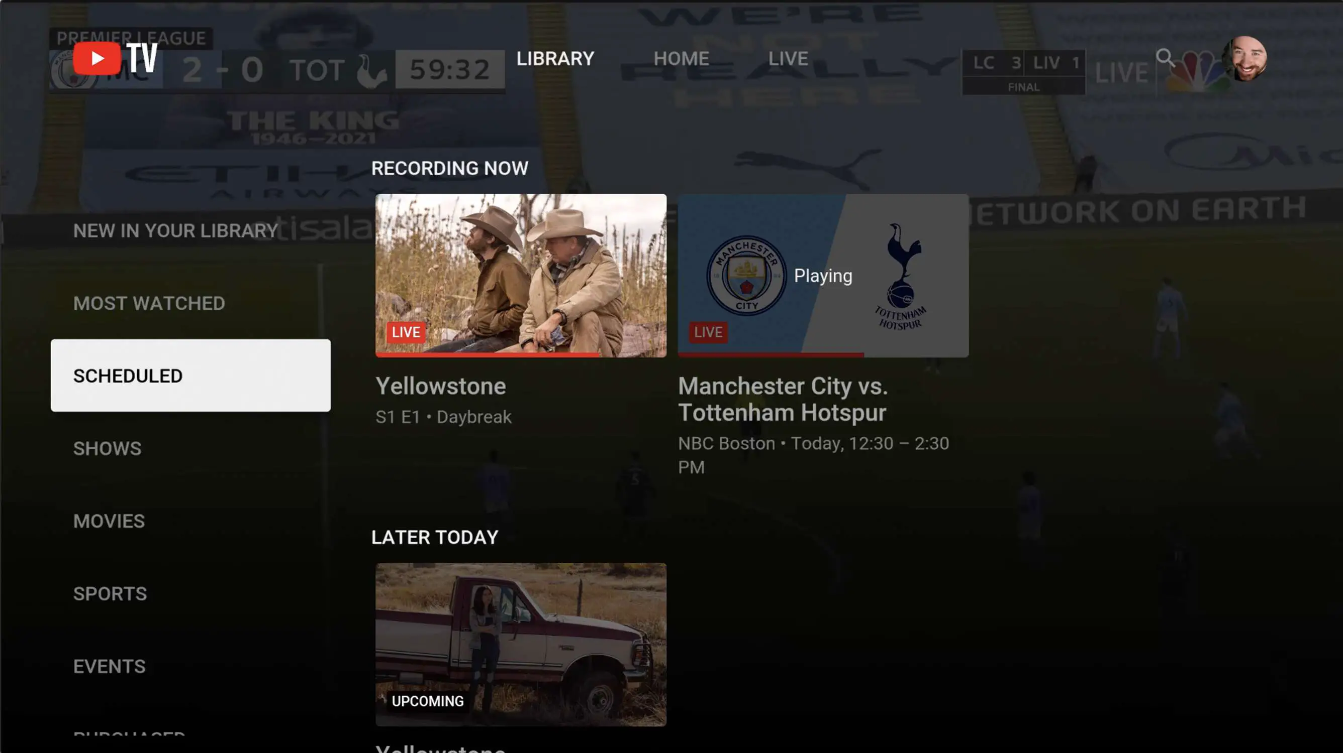 Captura de tela da tela da biblioteca do YouTube TV