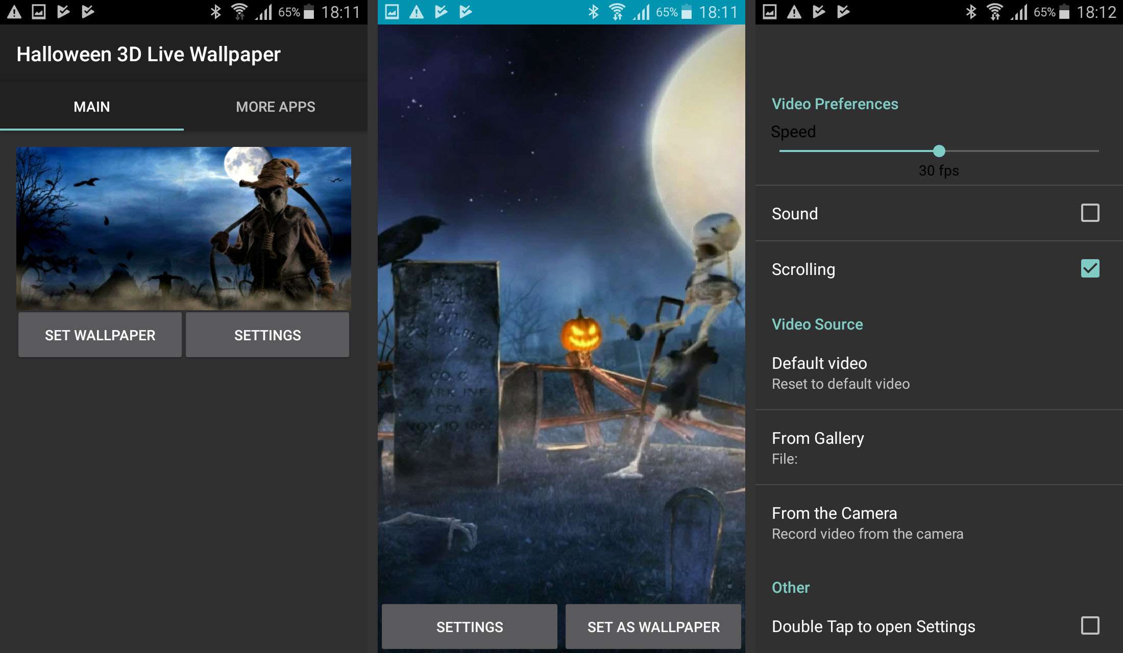 As capturas de tela do aplicativo Halloween 3D Live Wallpaper da Cyber ​​Apps destacando as configurações e um esqueleto dançando pela tela