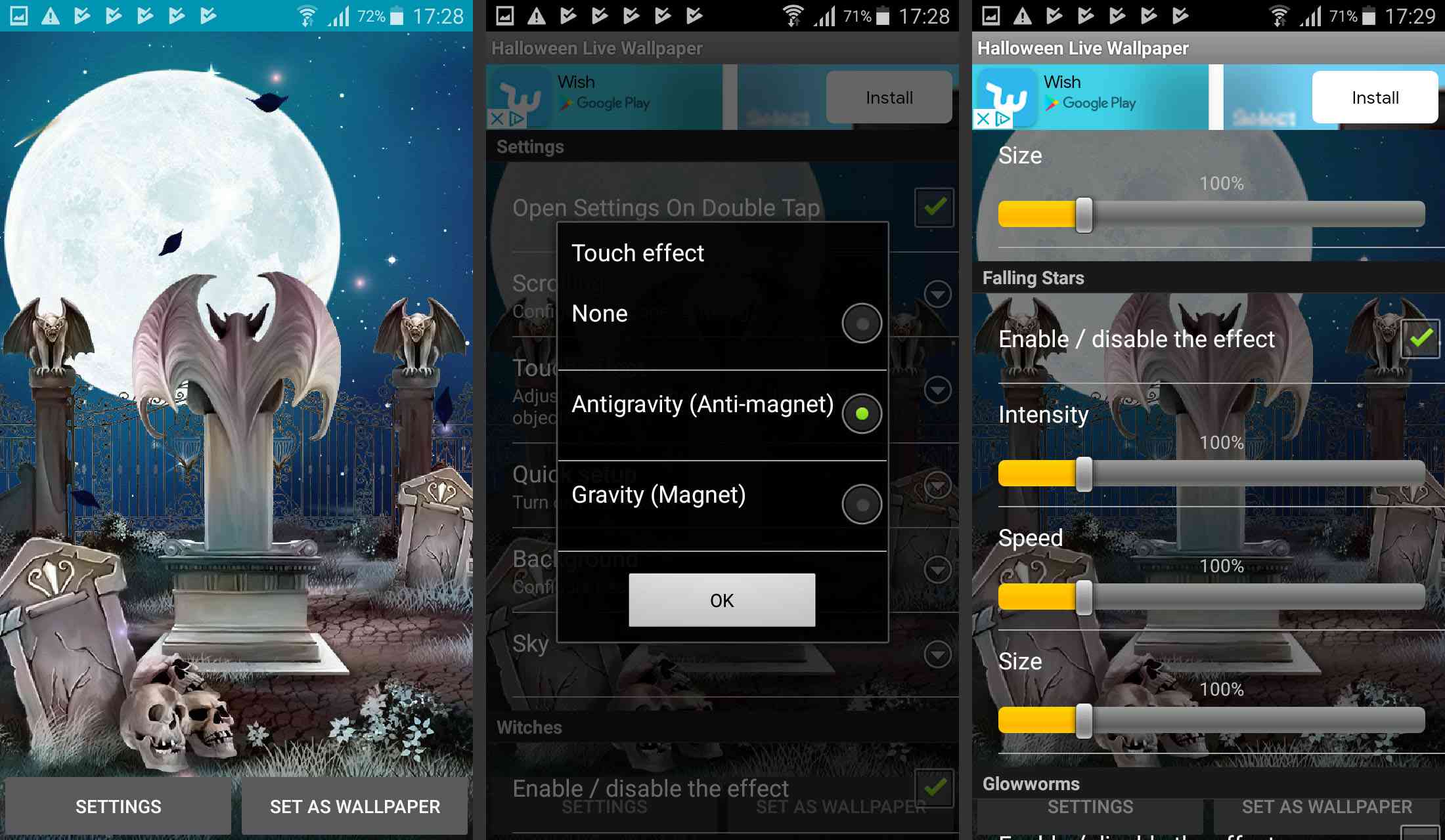 As capturas de tela do aplicativo Halloween Live Wallpaper por BlackBird Wallpapers, destacando as configurações e uma cena temática de cemitério assustador