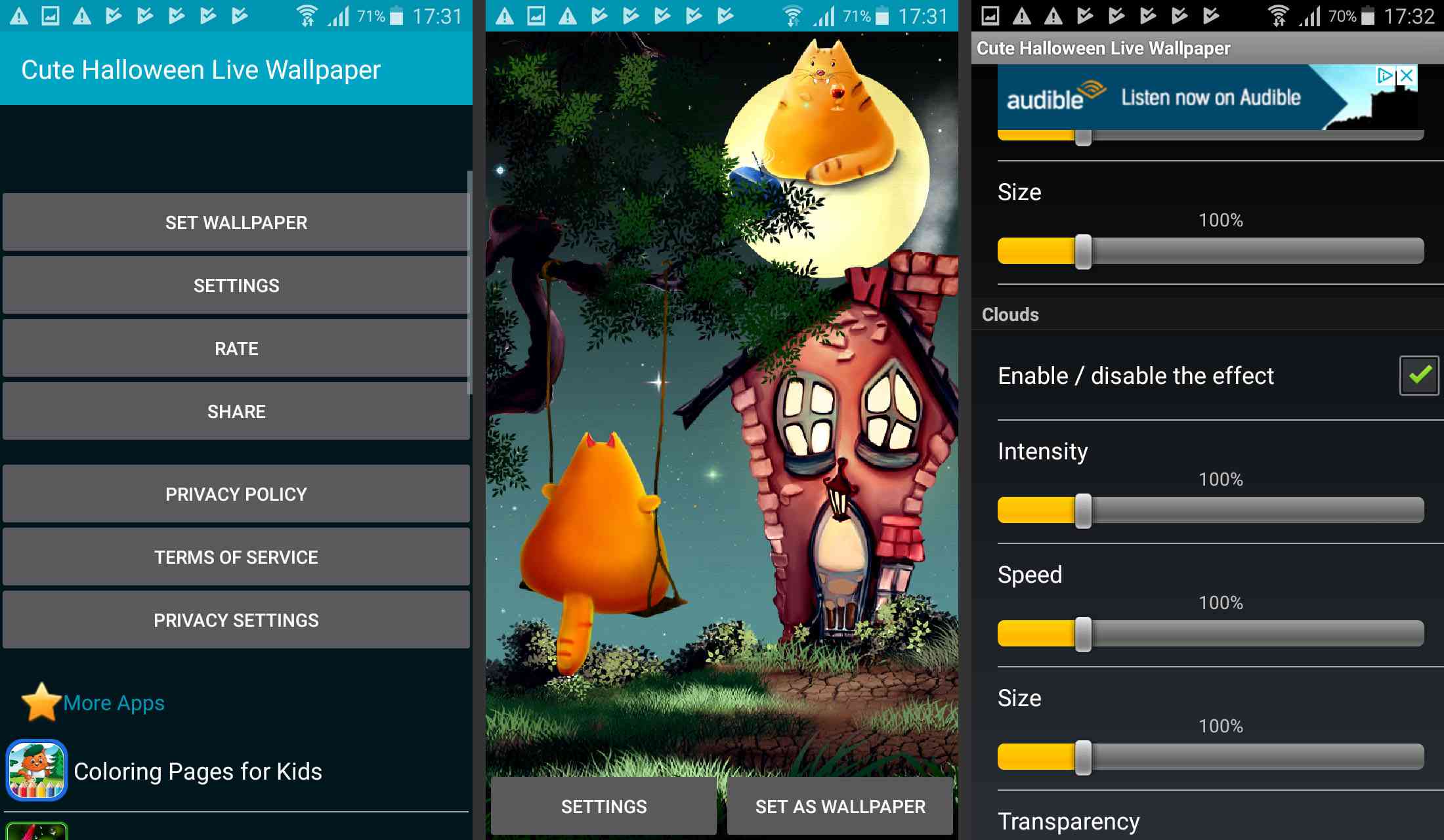 As capturas de tela do aplicativo 3D Cute Halloween Live Wallpaper por Live Wallpapers, destacando as configurações e um fundo de um gato fofo descansando na lua