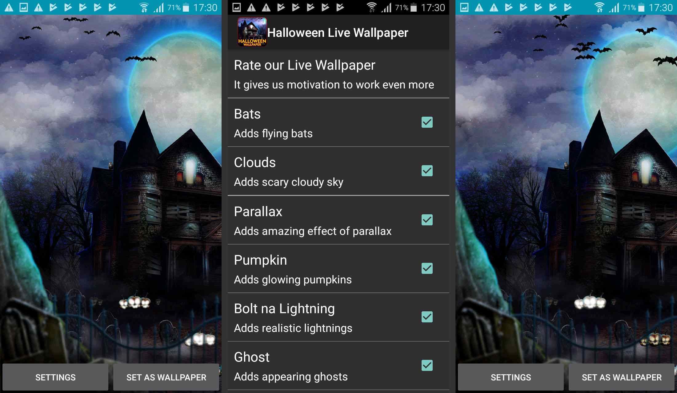 As capturas de tela do aplicativo Halloween Live Wallpaper da Cosmic Mobile Wallpapers, destacando as configurações e os morcegos voando na frente de uma paisagem assustadora