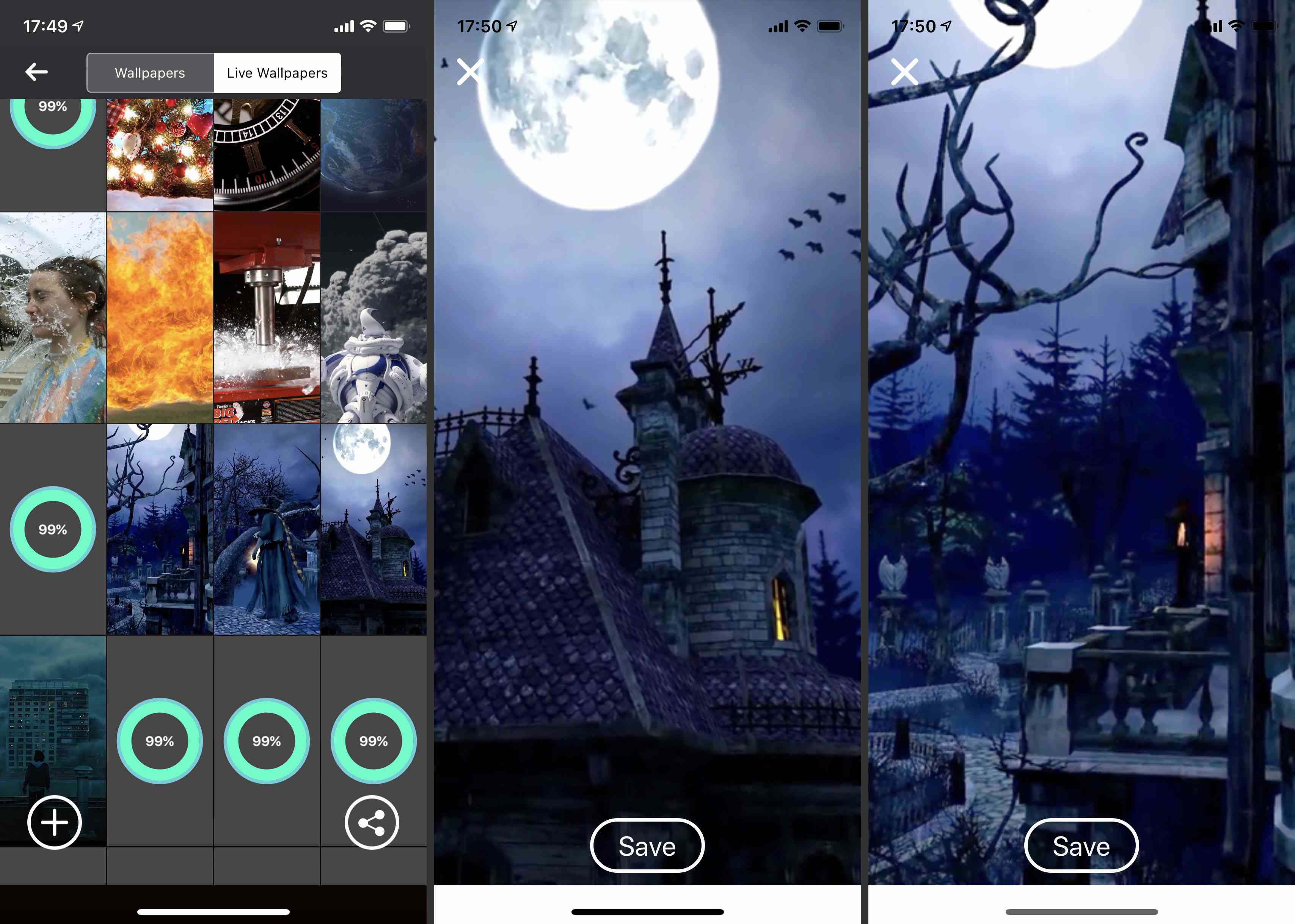 O aplicativo Live Wallpapers 3D & HD Themes de Nguyen Luong Quan, destacando as configurações e um fundo baseado em um castelo assustador