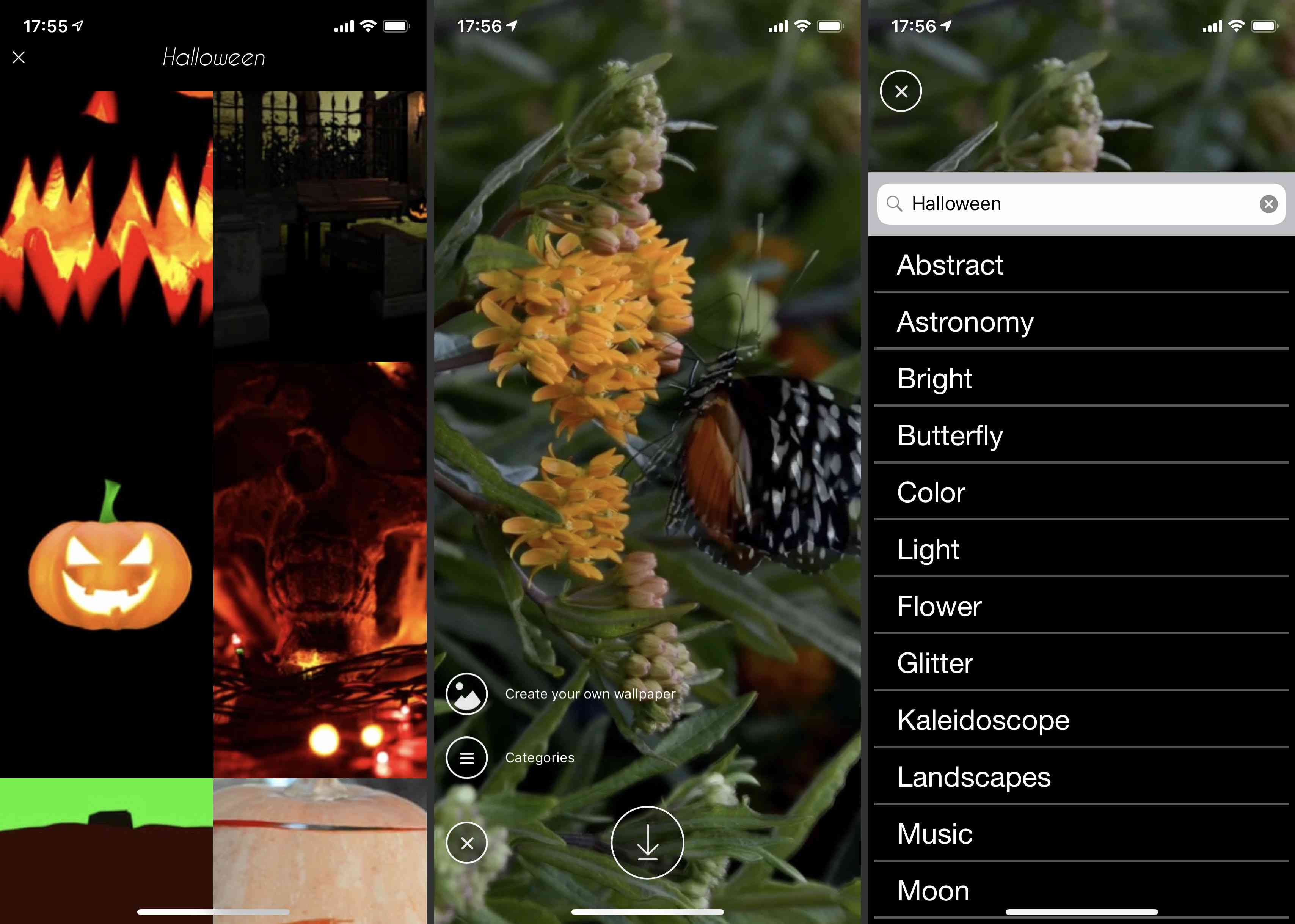 Capturas de tela do aplicativo Live Wallpapers & Background da Space-O Digicom destacando configurações e temas de Halloween