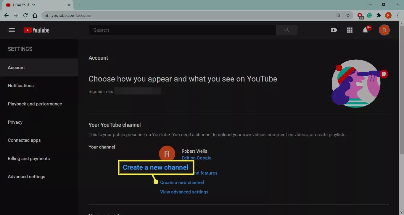 Crie um novo canal nas configurações do YouTube.com