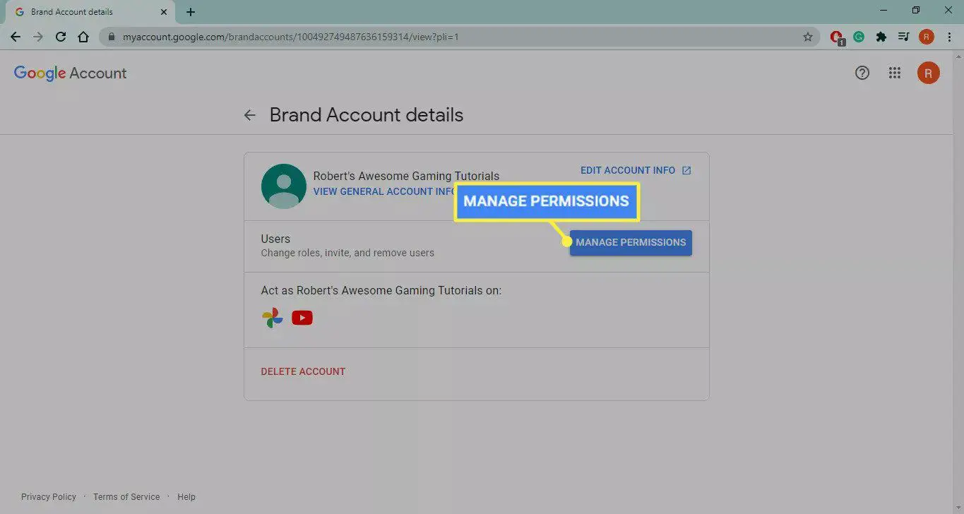 Gerenciar permissões nos detalhes da conta de marca do YouTube