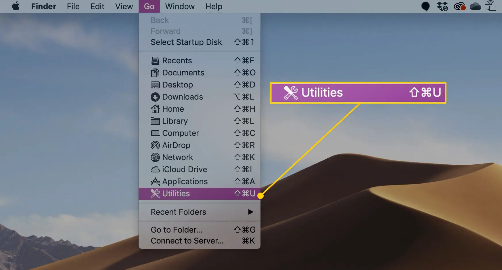 Vá para o menu com utilitários selecionados no macOS Finder