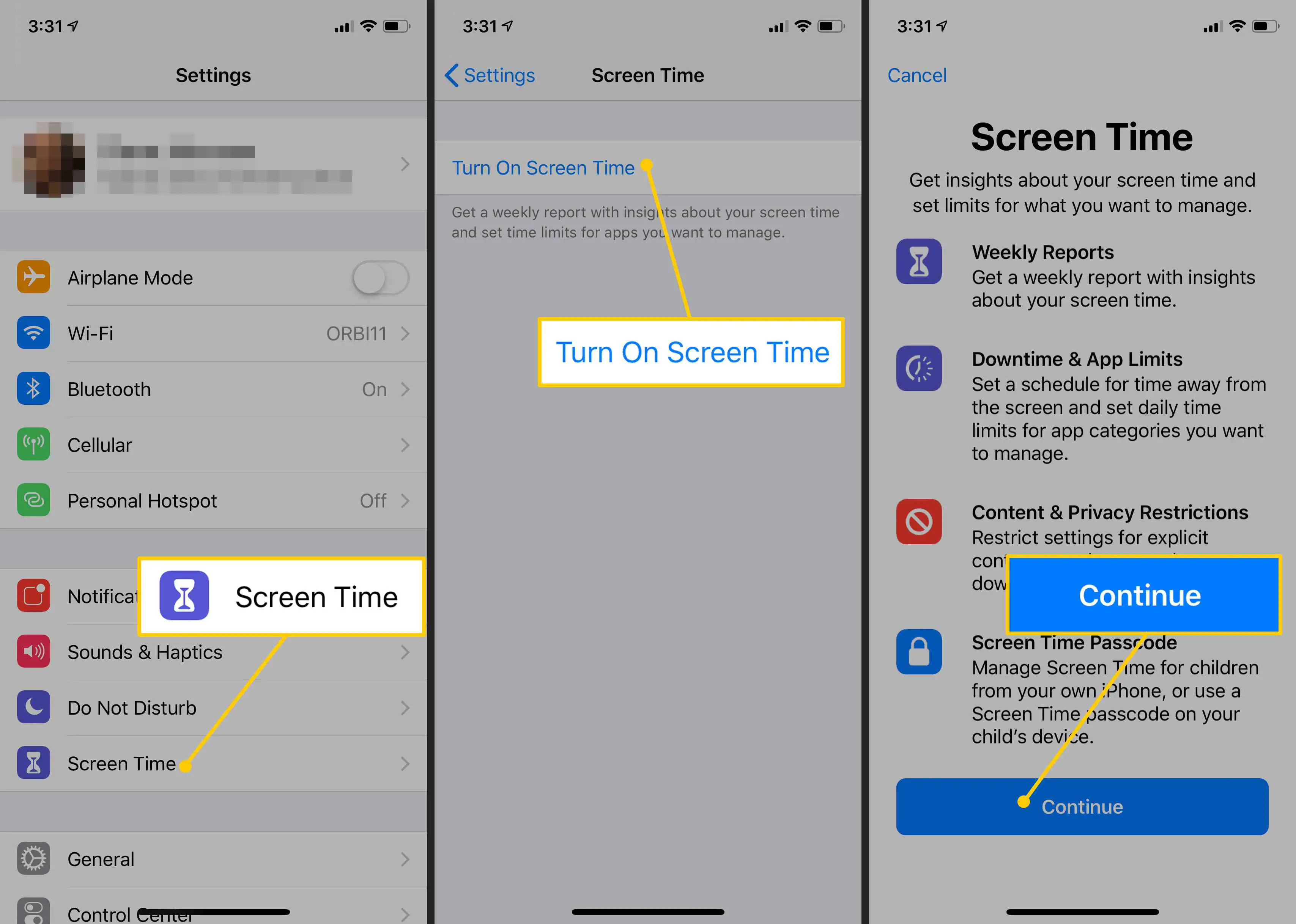 Botões de tempo de tela, ativação do tempo de tela e continuar no iOS