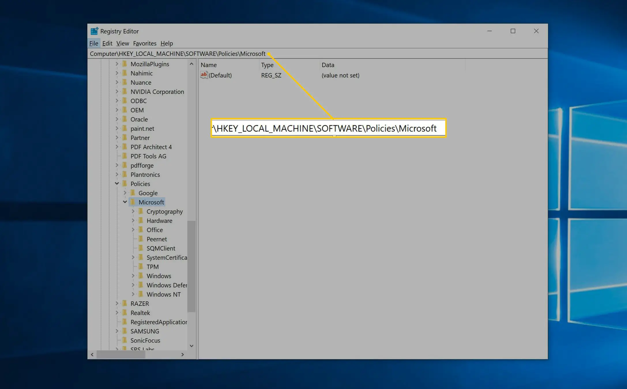 HKEY_LOCAL_MACHINE  SOFTWARE  Policies  Microsoft no Editor do Registro para Windows