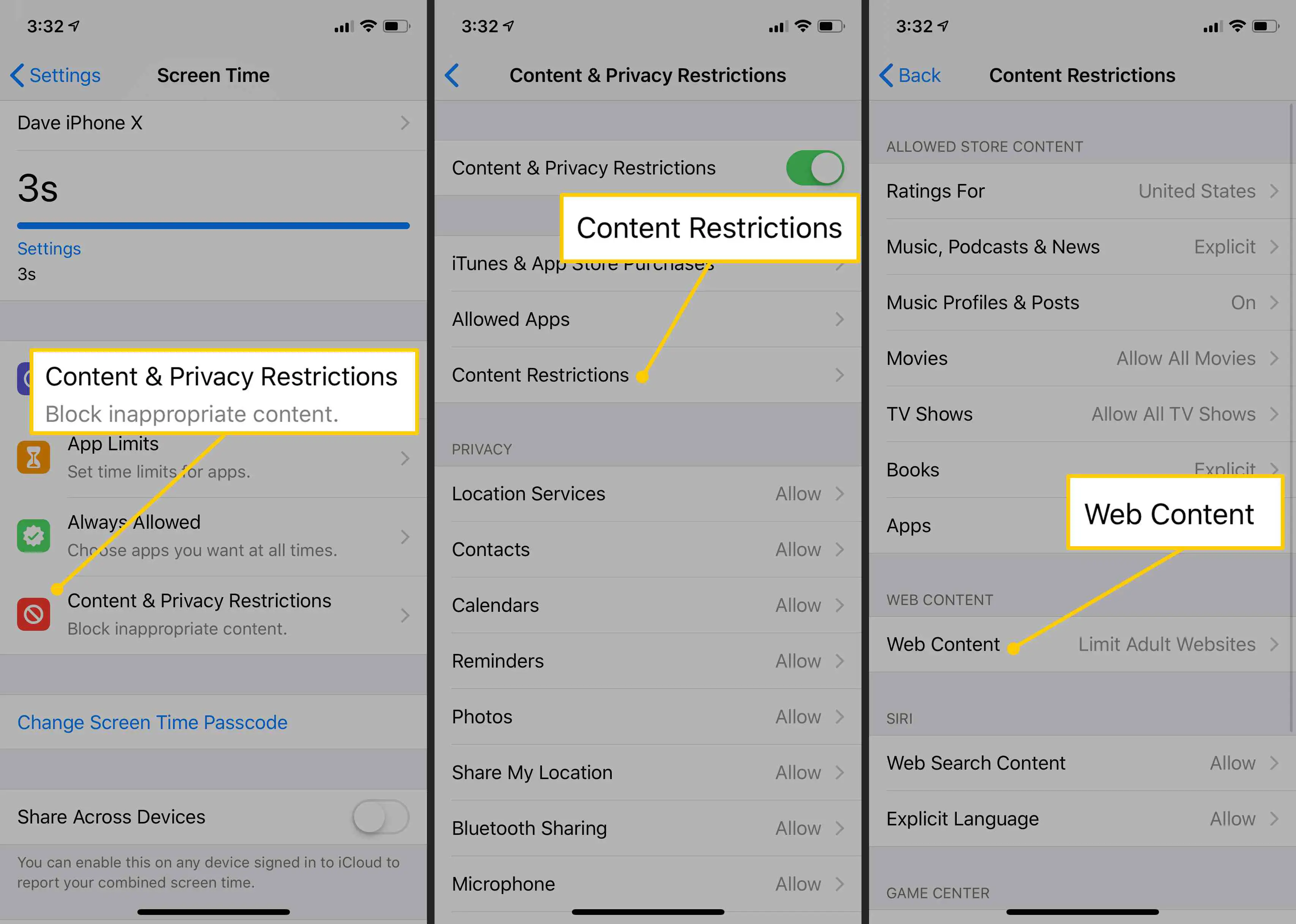 Conteúdo e restrições de privacidade, restrições de conteúdo, conteúdo da web no iOS