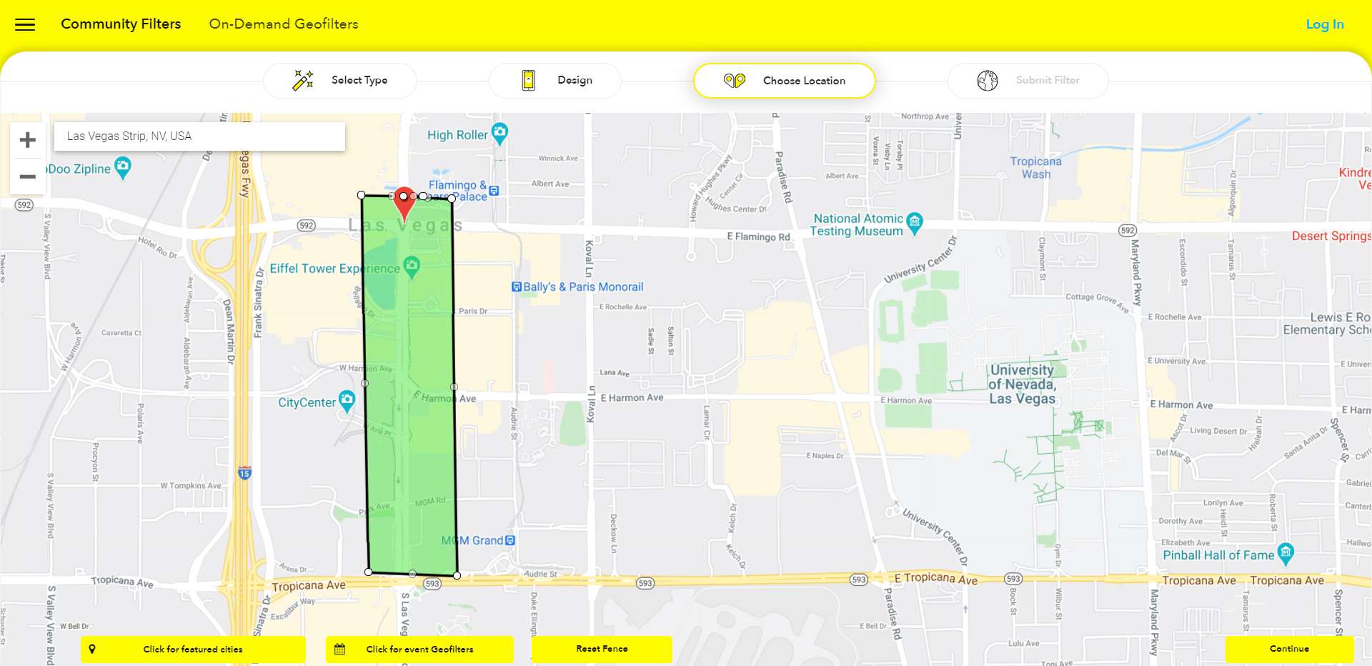 Uma imagem do Google Maps com a Las Vegas Strip destacada para uma geo-tag personalizada do Snapchat.
