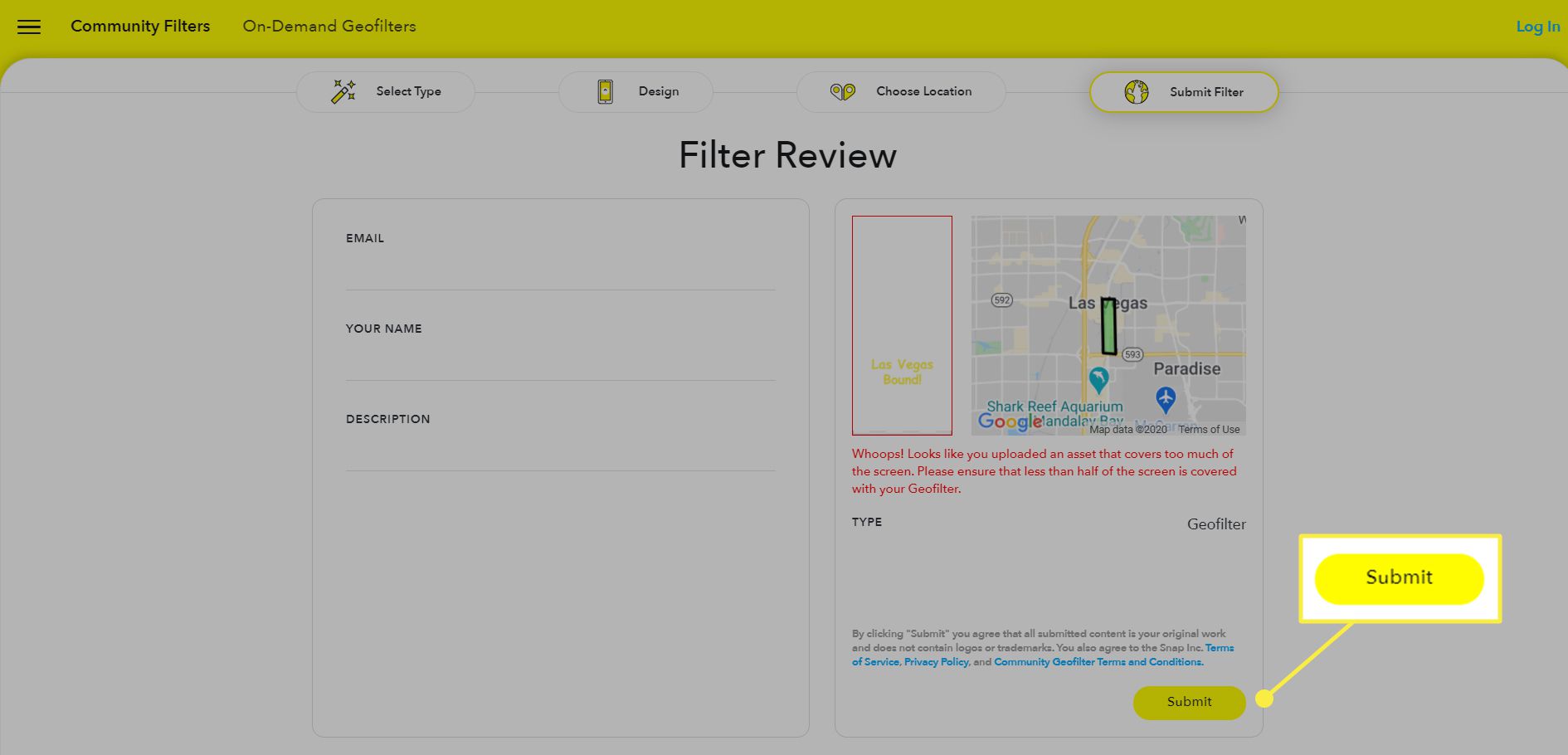 Página de revisão do Snapchat para um geofiltro personalizado.