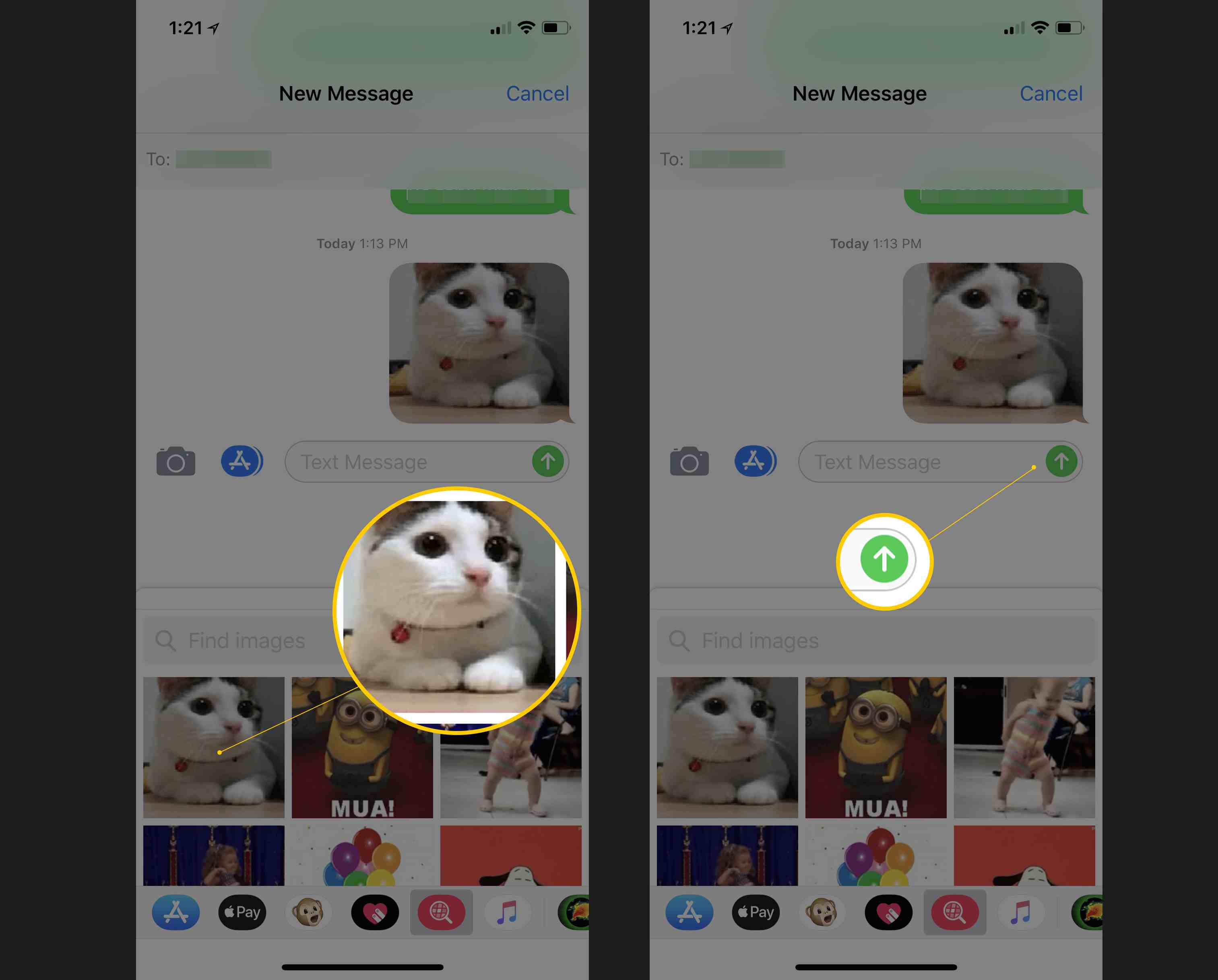 Duas telas do iOS mostrando a escolha de um GIF em Mensagens e o botão Enviar
