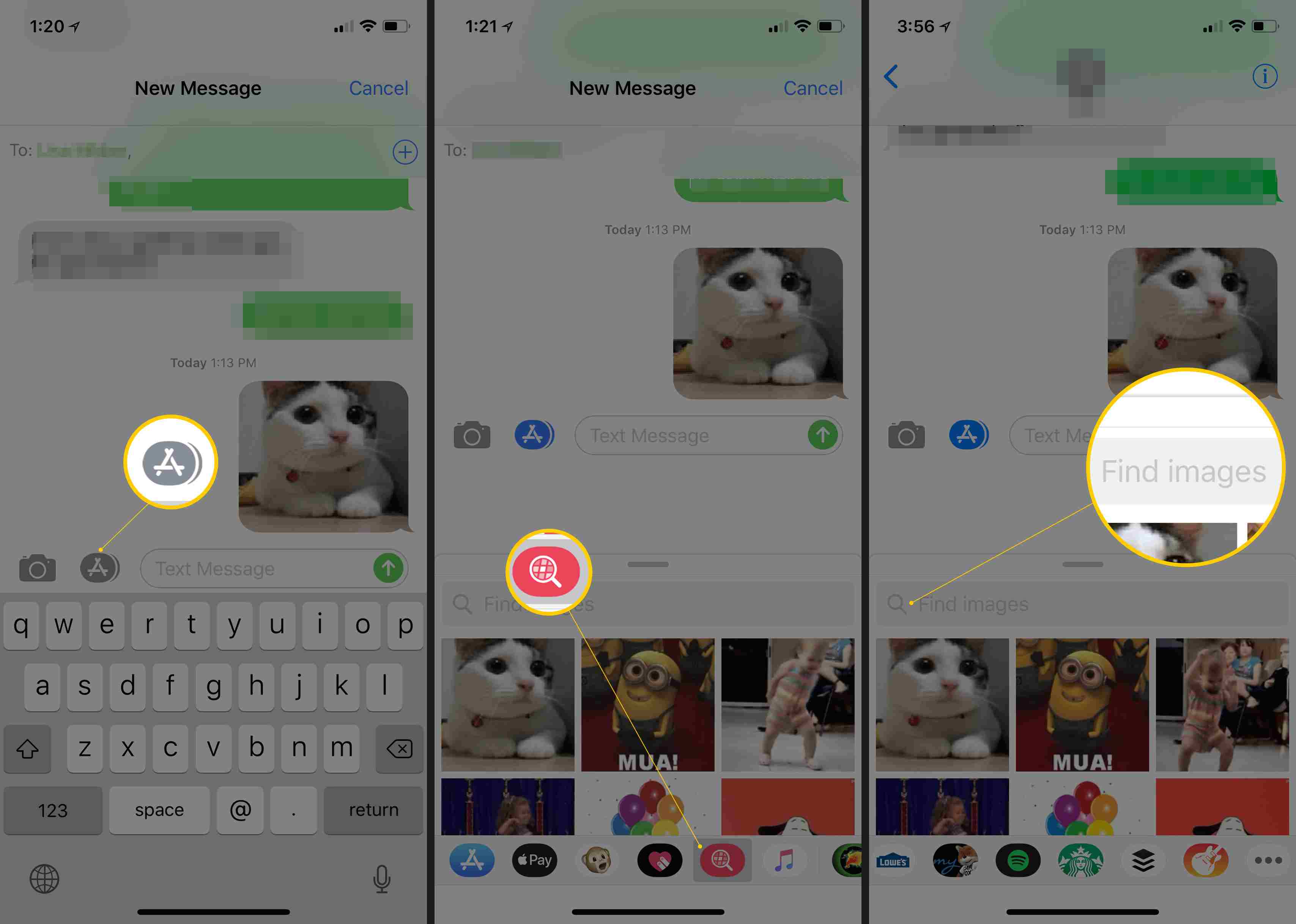 Três telas do iOS mostrando a gaveta do aplicativo, o botão GIF e o campo Localizar imagens