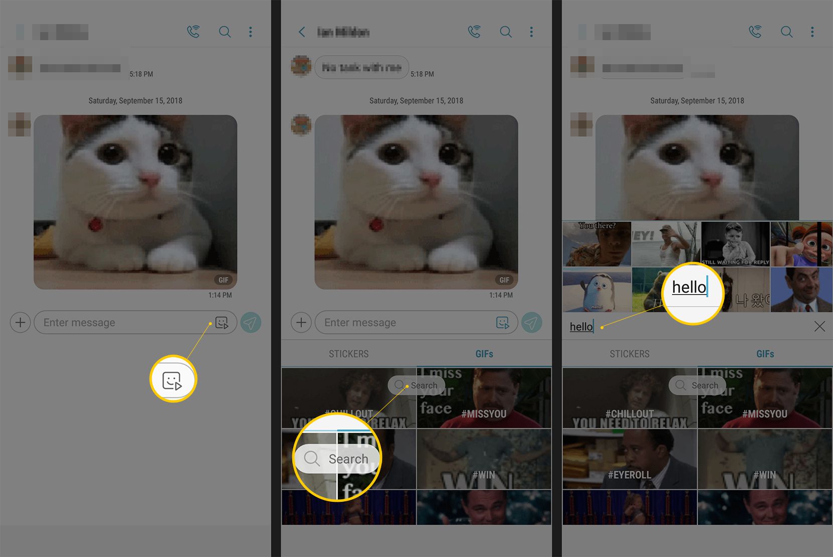 Três telas do Android mostrando o botão GIF, o campo Pesquisar e o termo "hello" inserido na pesquisa