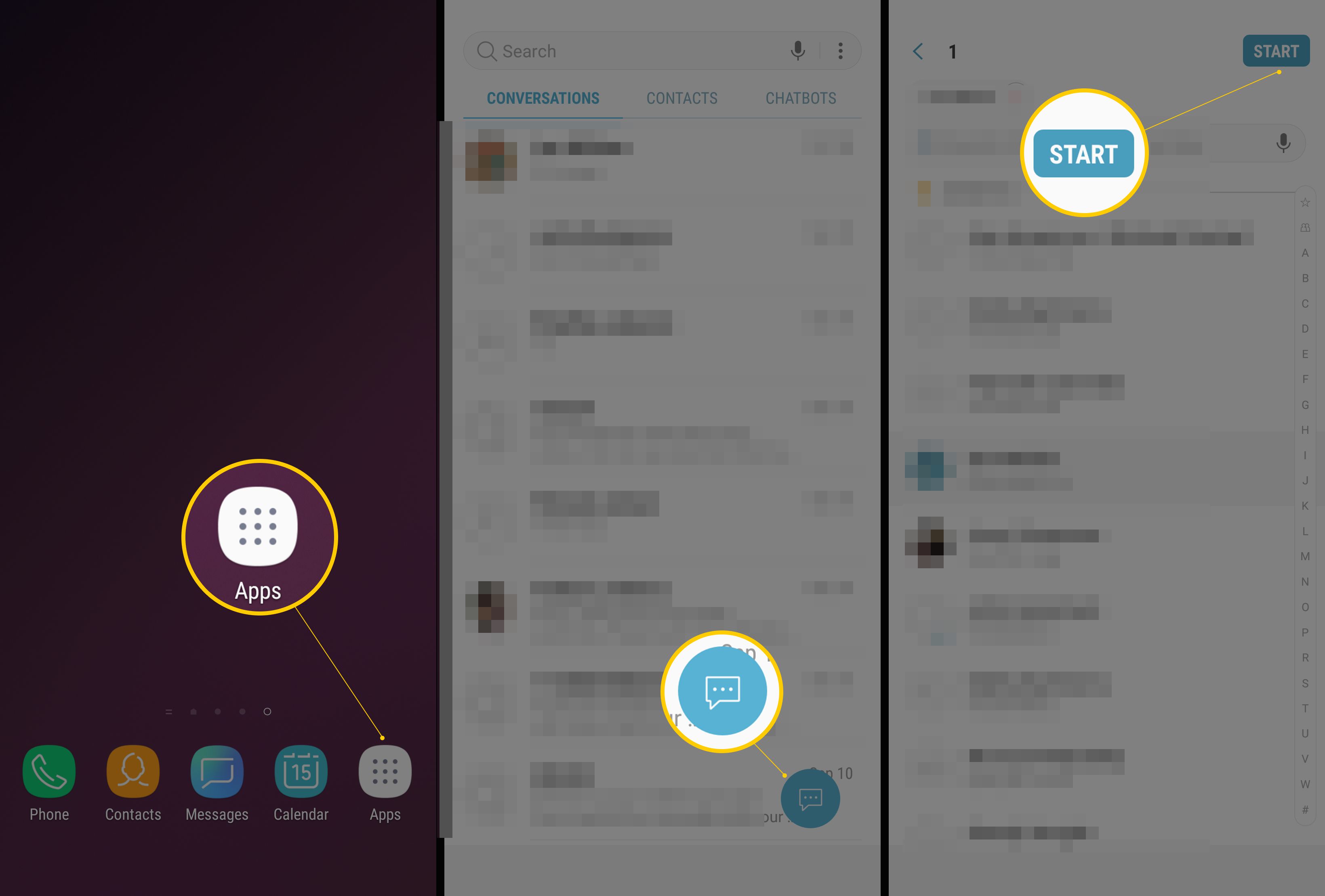 Três telas do Android mostrando aplicativos, balão de fala e botões Iniciar para enviar um GIF de texto